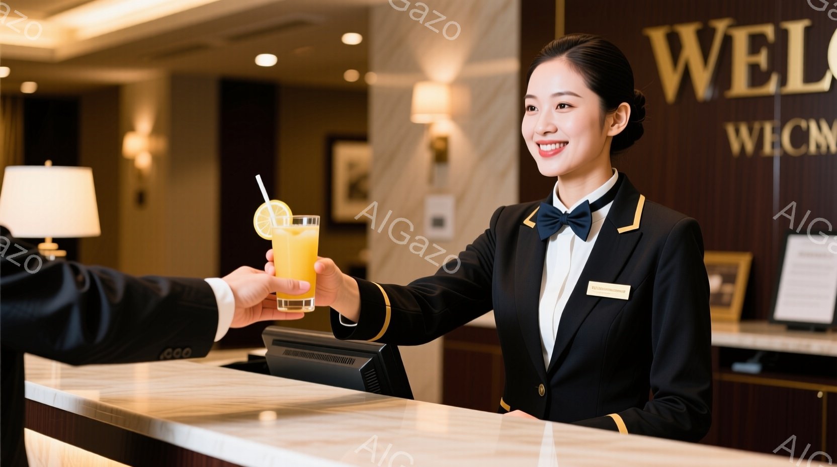 制服を着た女性スタッフが、カウンター越しにオレンジジュースを客に手渡している場面です。彼女は黒いジャケットに白いシャツ、黒いリボンタイを着用し、明るい笑顔で接客しています。背景には受付カウンターと「WELCOME」と書かれた装飾、そして間接照明が見え、ホスピタリティあふれる高級感のある雰囲気が漂っています。