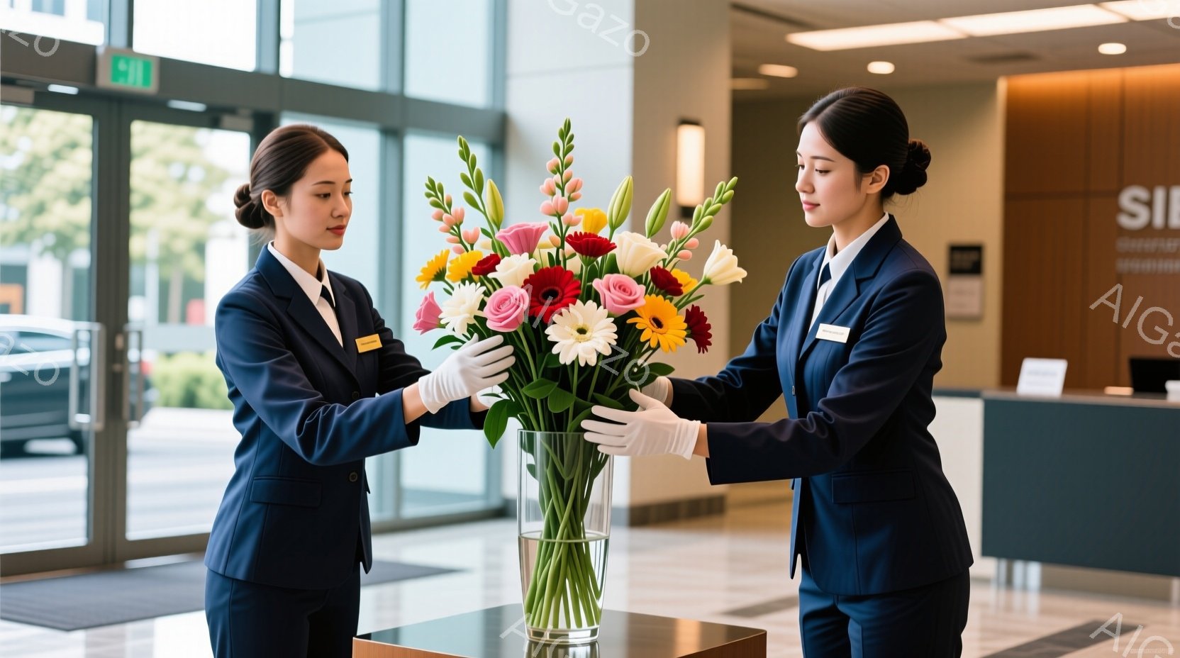 二人の女性は紺色の制服に白い手袋を着用し、大きな花瓶に色とりどりの花を活けている。彼女たちは丁寧な姿勢で、花瓶と花に集中した表情を見せている。背景はホテルのロビーで、明るい光が差し込み、清潔感のあるモダンな雰囲気が漂っている。