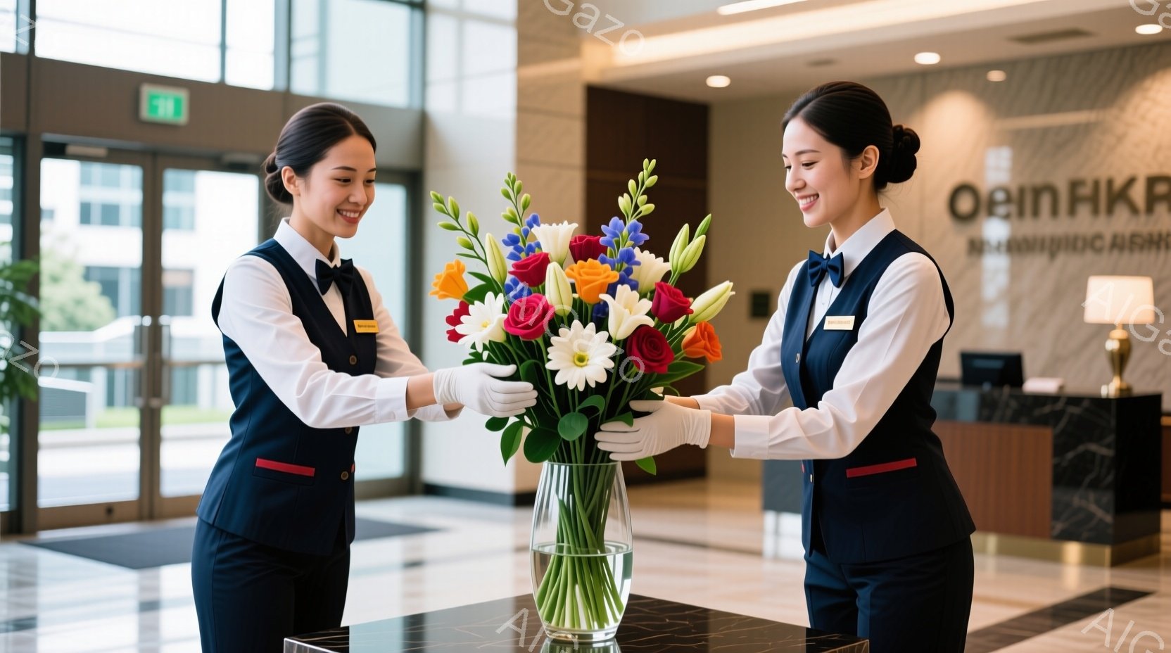 二人の女性が、華やかな花束を花瓶に挿す手伝いをしています。彼女たちは紺色のベストと白のブラウスを着ており、整ったヘアスタイルで笑顔を見せています。背景には、近代的な建物と自然光が差し込むロビーがあり、明るく歓迎的な雰囲気が漂っています。