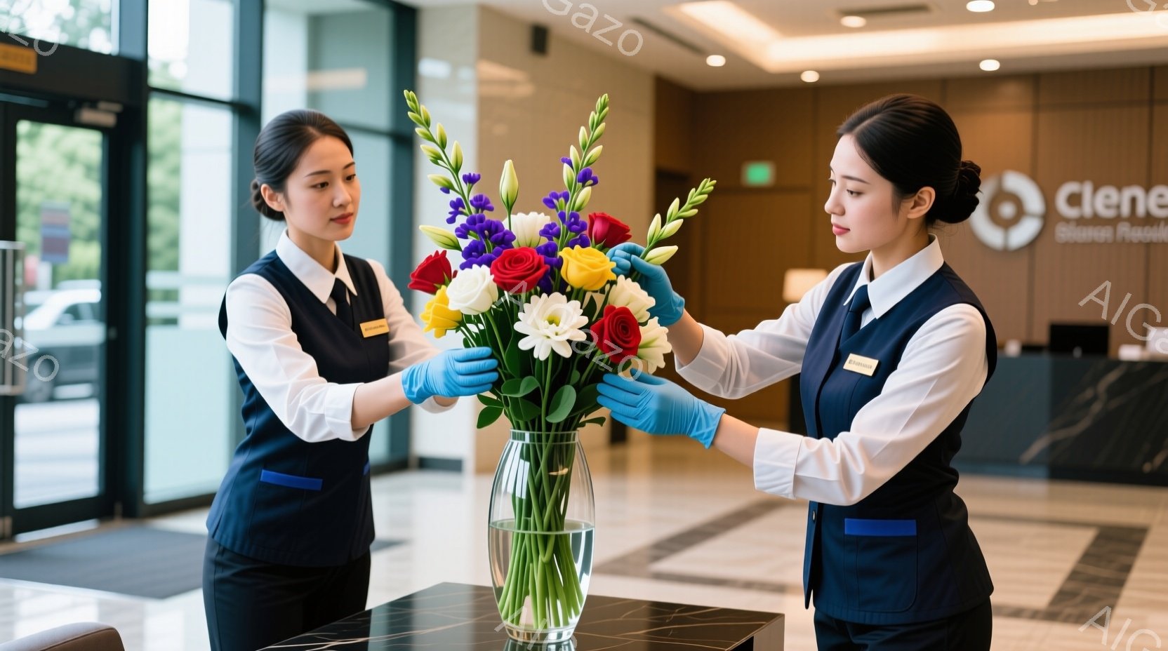 黒髪を後ろでまとめた女性が、ホテルのロビーで花瓶に花を活けている。彼女は白いブラウスに濃い青色のベストを着用し、名札をつけている。背景には、ガラス張りの建物と自然光が差し込む様子が見え、清潔で落ち着いた雰囲気が漂っている。
