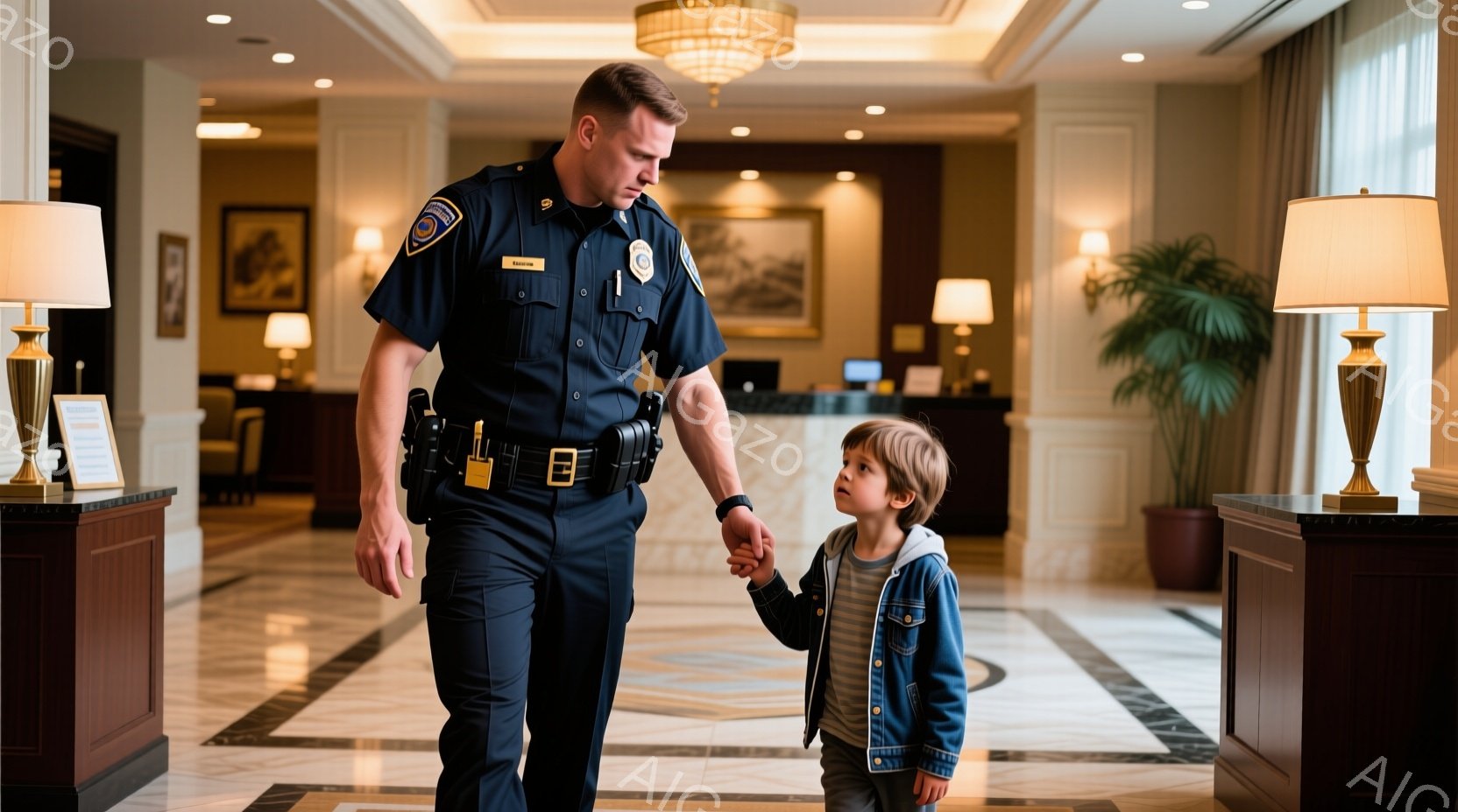 制服を着た警察官が、小さな男の子の手を握って歩いています。警察官は短髪で、真剣な表情をしています。背景は、豪華なロビーのような場所で、大理石の床、植木、そして装飾的な照明が確認できます。