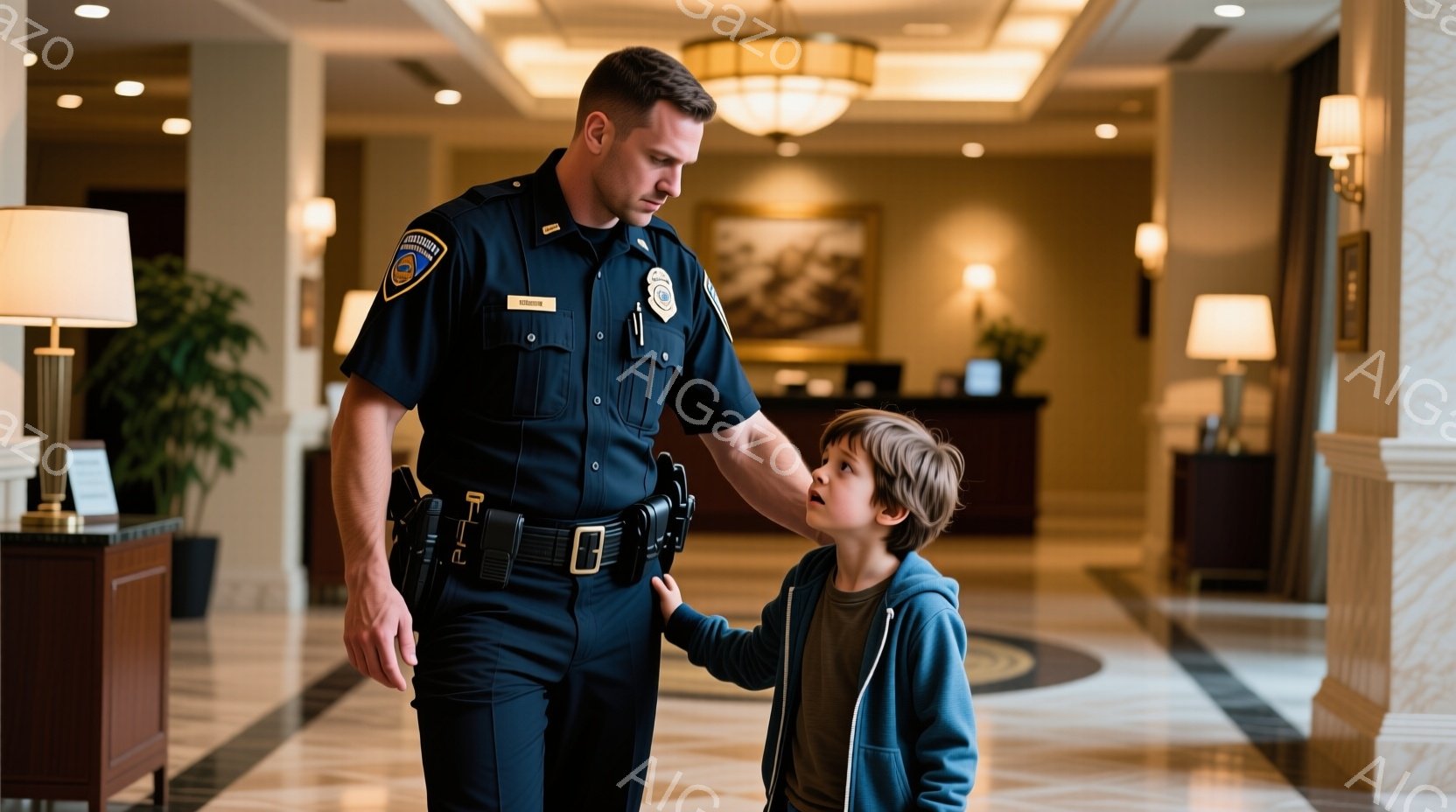 制服を着た警察官が、小さな少年とロビーで歩いている。警察官は濃い青色の制服とベルトを着用し、少年はグレーのパーカーを着ている。ロビーは明るい照明で照らされ、ベージュと白のタイル張りの床と、壁に飾られた絵画が特徴的で、安心感のある雰囲気が漂っている。