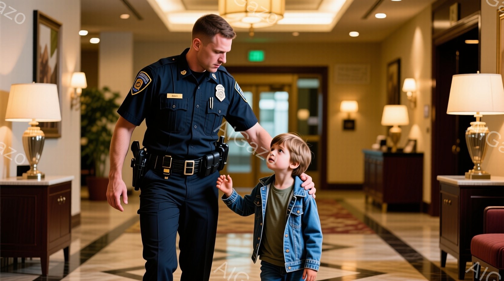 制服を着た警官が、小さな男の子の手を優しく引きながら廊下を歩いている。警官は短髪で、真剣な表情を浮かべており、男の子はデニムジャケットを着て、少し上目遣いをしている。背景には、豪華なデザインの廊下、絵画、そして間接照明が見られ、全体的に温かく安心感のある雰囲気が漂っている。