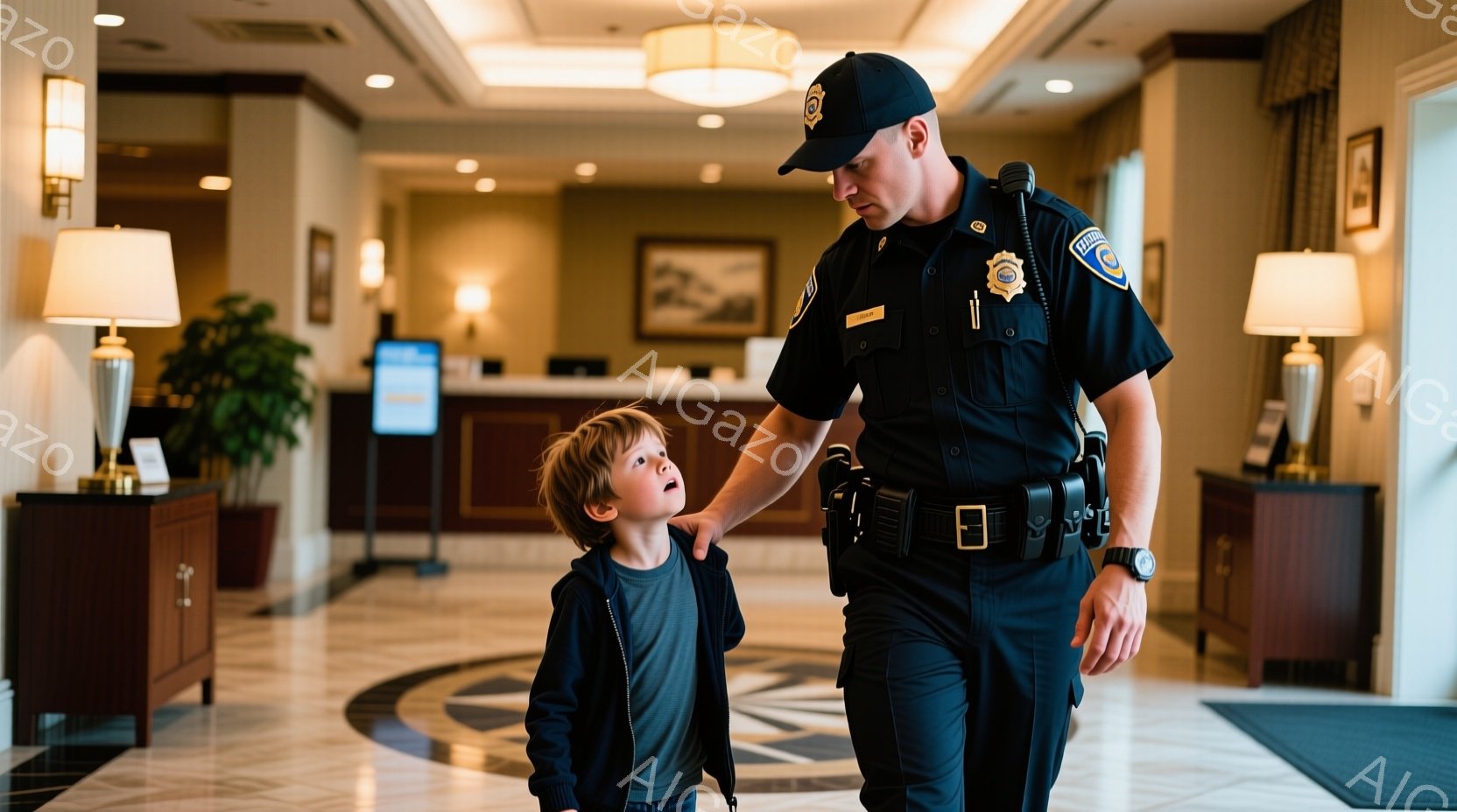 少年は青いセーターと茶色の髪で、少し上を見上げています。制服を着た警官が少年の肩に手を置き、共に廊下を歩いています。背景には、明るい照明と装飾が施されたホテルのような空間が広がっており、温かく安心感のある雰囲気が漂っています。