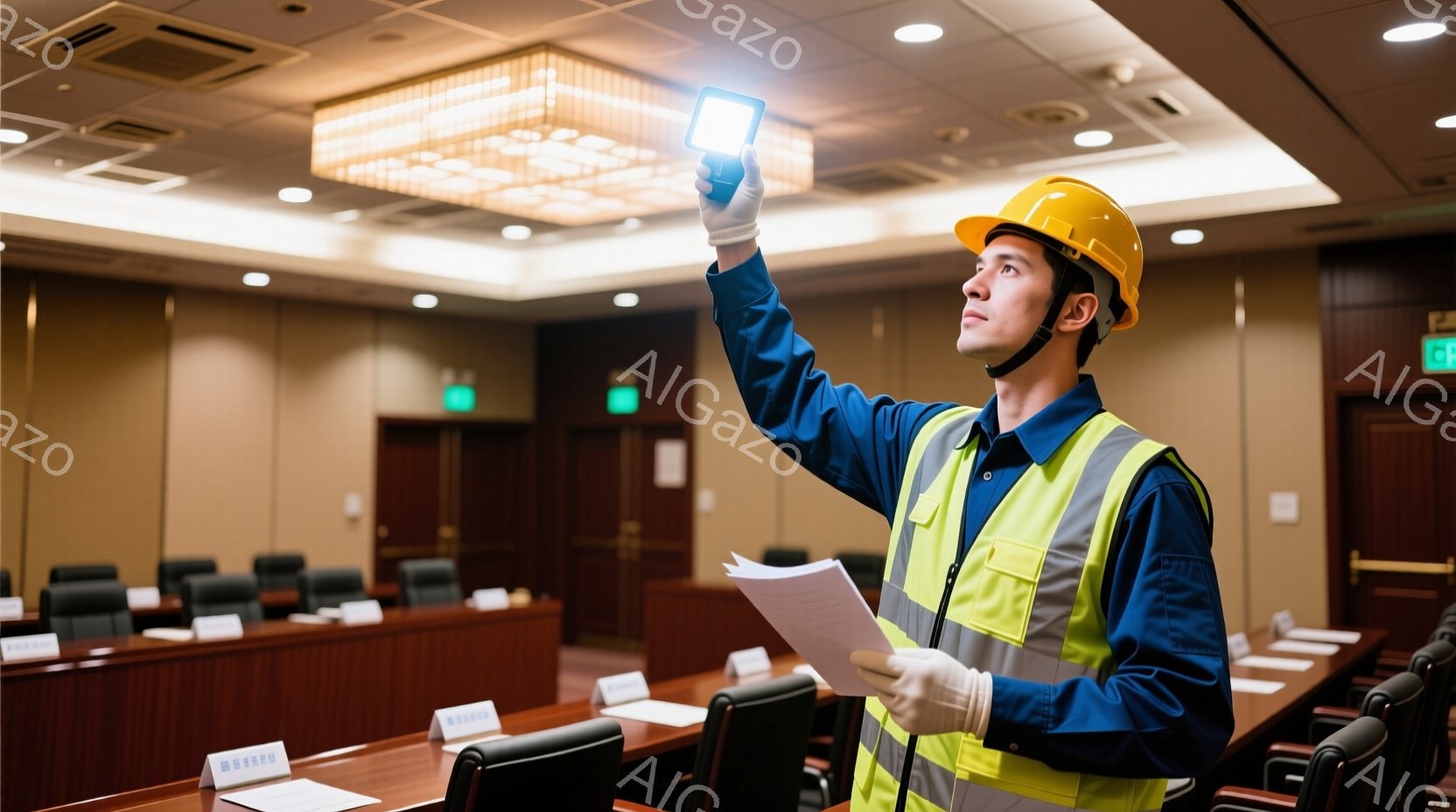 作業員は、黄色の安全ヘルメットと反射ベストを着用し、白い手袋をはめています。彼は正面を見据え、片手に懐中電灯を持ち、もう片手には書類を持っています。背景には、整然と並べられた椅子が並ぶ広い会議室があり、全体的に明るく、安全点検を行っている雰囲気です。