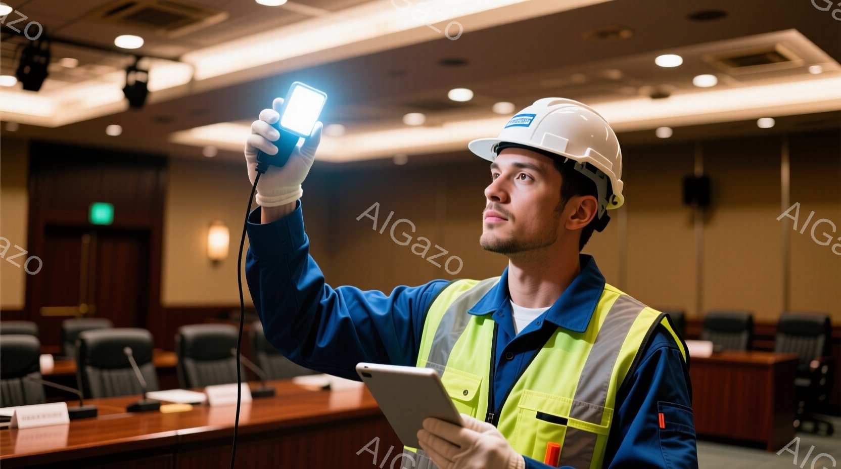 作業員がヘルメットと蛍光ベストを着用し、片手にタブレットを高く掲げています。彼は真剣な表情でタブレットの画面を見上げており、姿勢はまっすぐで立っています。背景は会議室のような空間で、茶色の椅子が並び、薄暗い照明が特徴的です。