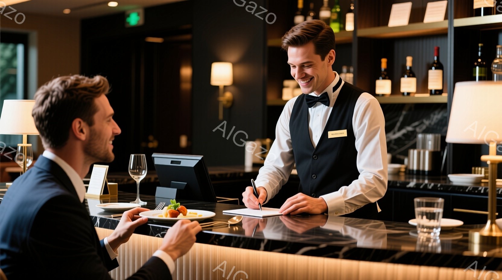 バーカウンターで、ウェイターがメモを取りながらお客様を見つめています。ウェイターは黒いベストと白いシャツ、蝶ネクタイ姿で、笑顔を浮かべており、お客様はネイビーのジャケットを着ています。背景にはワインボトルが並んだ棚と、落ち着いた照明が配置され、高級感のあるバーの雰囲気が漂っています。