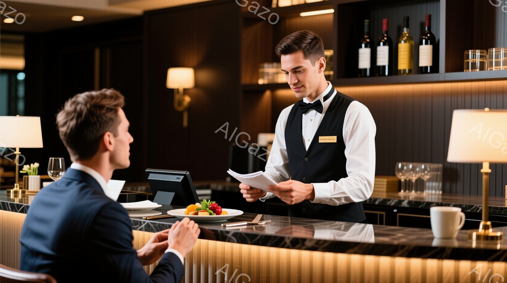 ウェイターは黒いベスト、白いシャツ、そして蝶ネクタイを着用しており、手にメニューのような紙を持っています。彼はテーブルに座っている客の方を向き、何かを説明しているような姿勢です。背景にはワイングラスやボトルが並んだバーカウンターがあり、落ち着いた雰囲気の高級レストランのようですね。