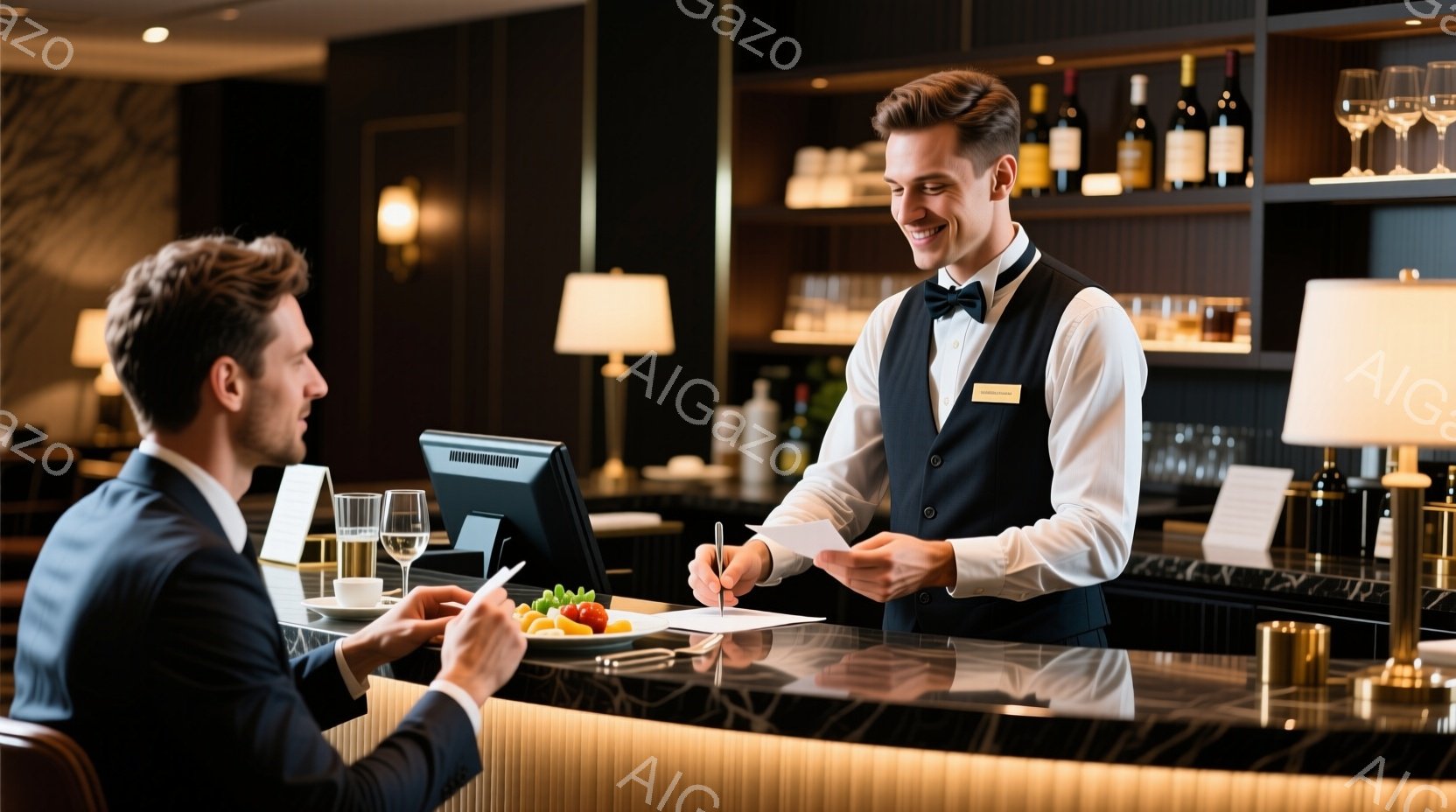 バーのシーン。カウボーイスタイルの服装を着た二人が座ってお話をする。サーベントとコップ、ワイングラスが飲み物で、単品のパフェも見える。バックグラウンドはダーク色の木目調。