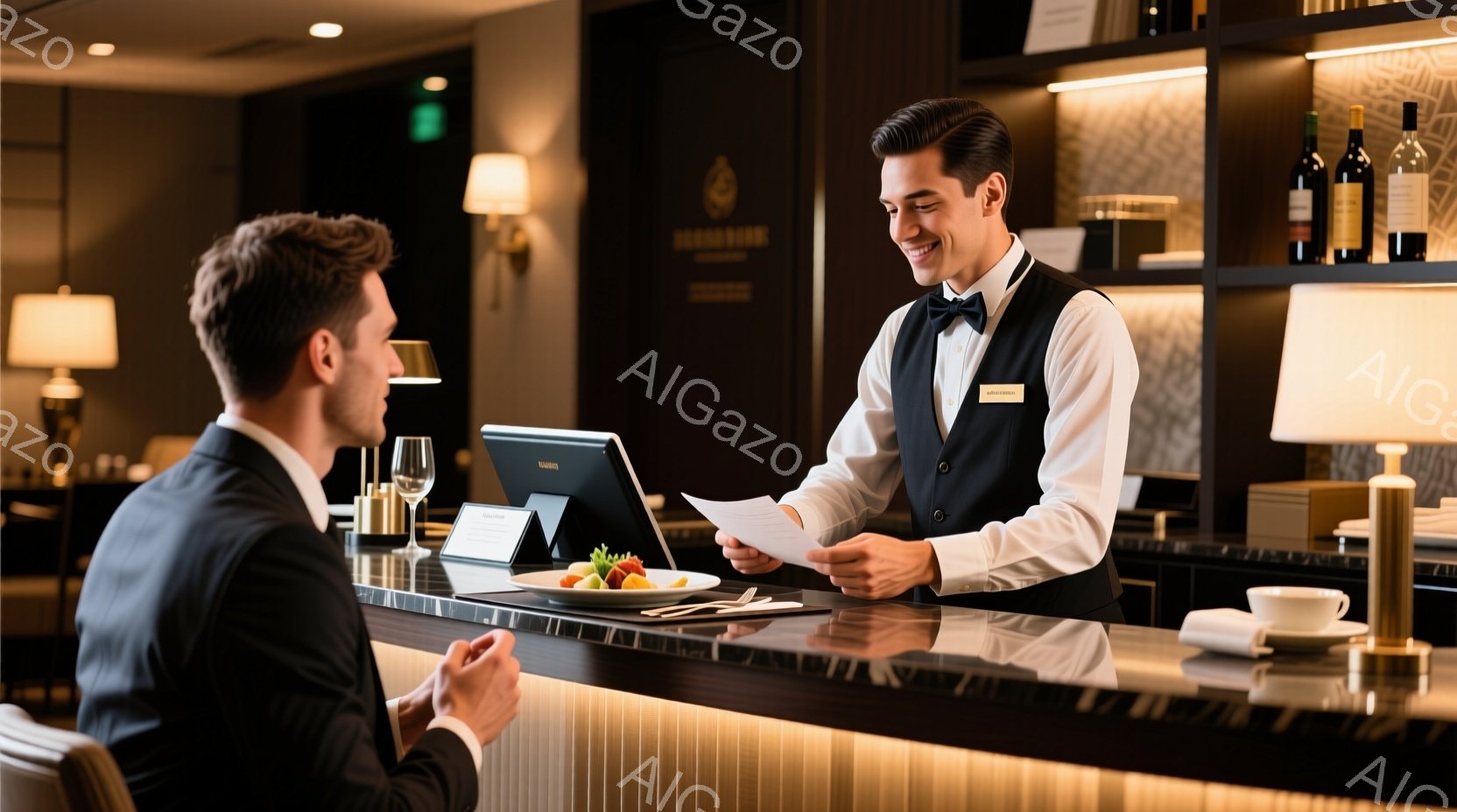 バーカウンターに立つ男性スタッフが、お客様に何かを説明している様子が写っています。スタッフは黒いベストと白シャツ、蝶ネクタイを着用し、笑顔で書類を手にしています。背景にはワインボトルが並んだ棚や、暖色 - AI生成フリー素材