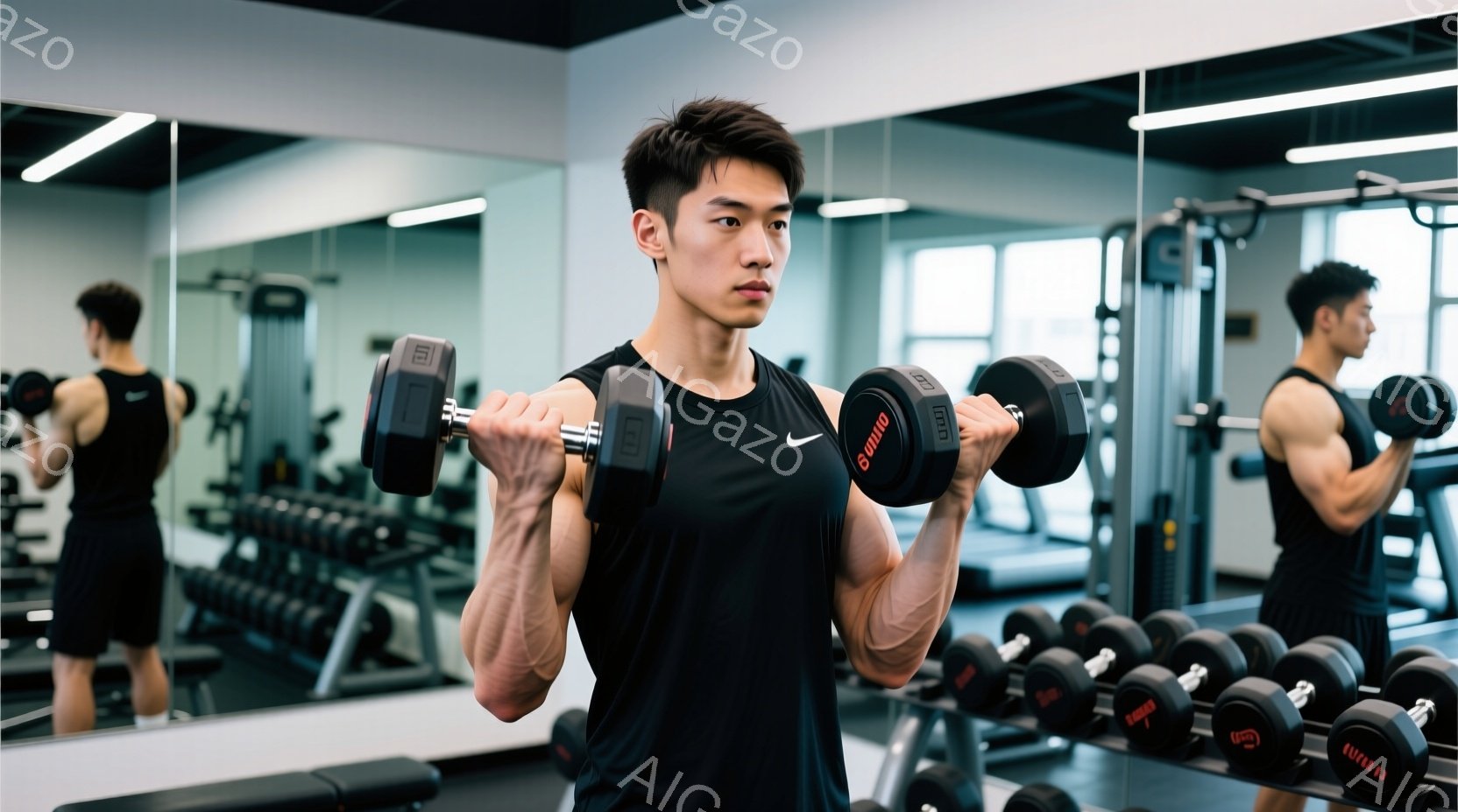 若い男性がジムでダンベルを使ってカール運動をしている様子が写っている。彼は黒いタンクトップと黒いショーツを着用し、短く整えられた黒髪と真剣な表情をしている。ジム内には様々なトレーニング器具が並び、鏡に映る彼の姿が繰り返されている。