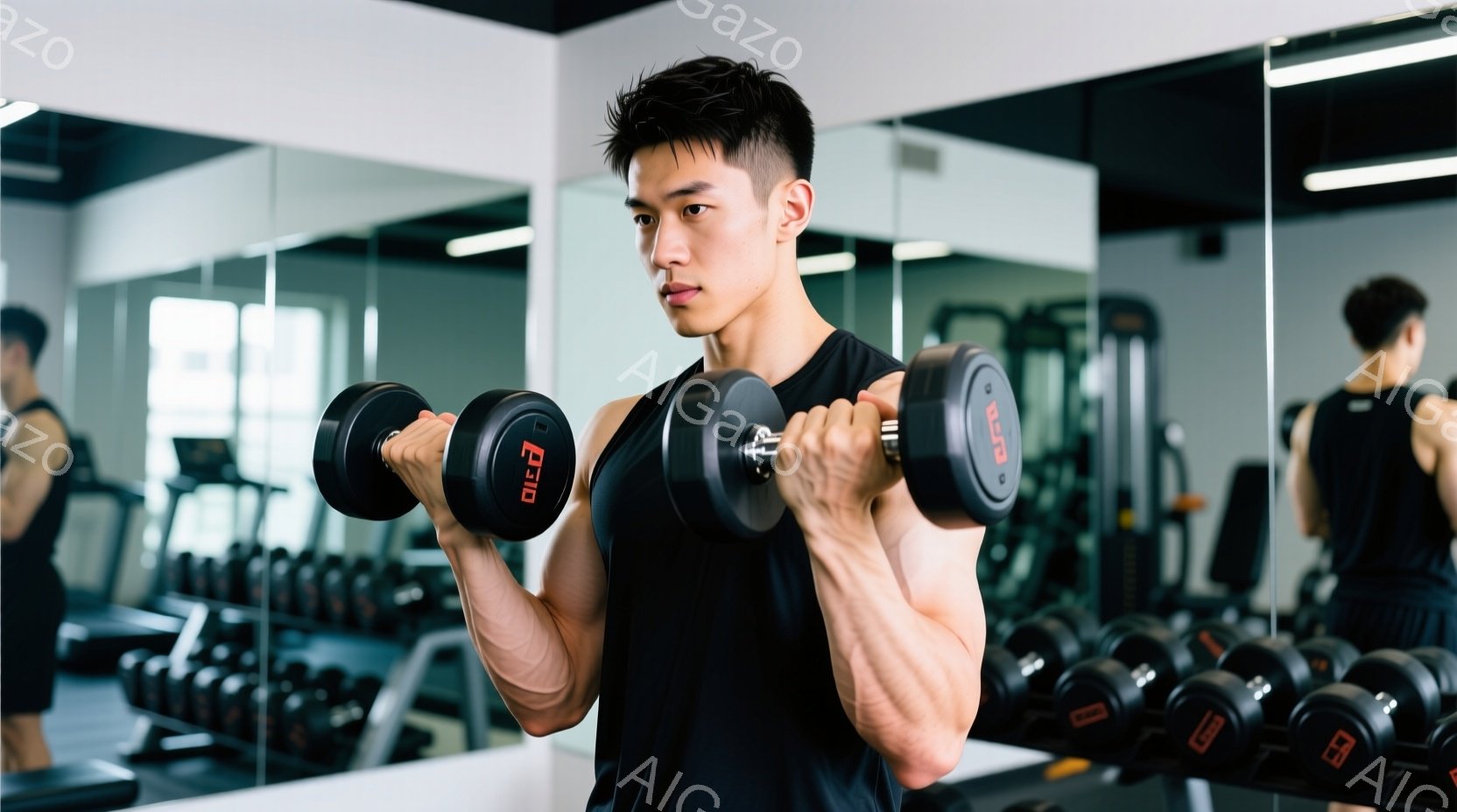 筋トレ中の男性が写っている。彼は黒のタンクトップを着ており、短く整えられた黒髪をしている。ジムの鏡の前でダンベルを持ち、力強く腕を曲げている様子は、集中と鍛錬の雰囲気を醸し出している。 - AI生成フリー素材