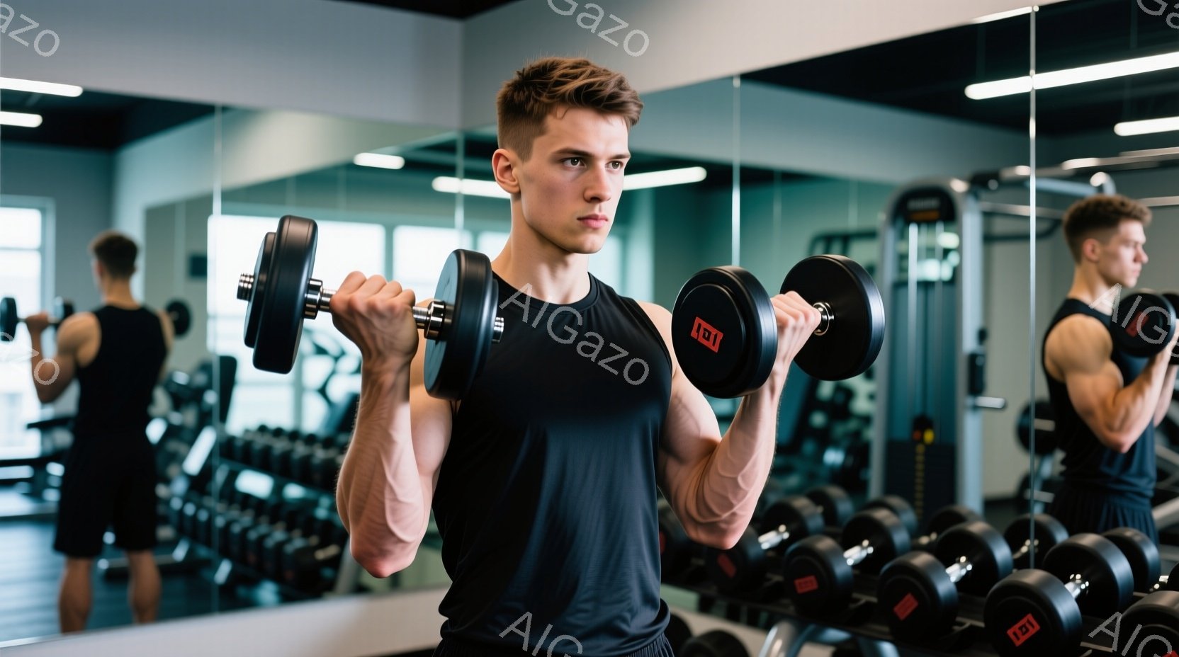 筋骨隆々の男性がジムでダンベルを持ち上げている姿が写っている。彼は黒のタンクトップとショーツを着用し、短く整えられた髪型で、真剣な表情をしている。ジムの背景には、様々な重さのダンベルが並び、鏡に映る姿がトレーニングの集中力を高めているような雰囲気である。