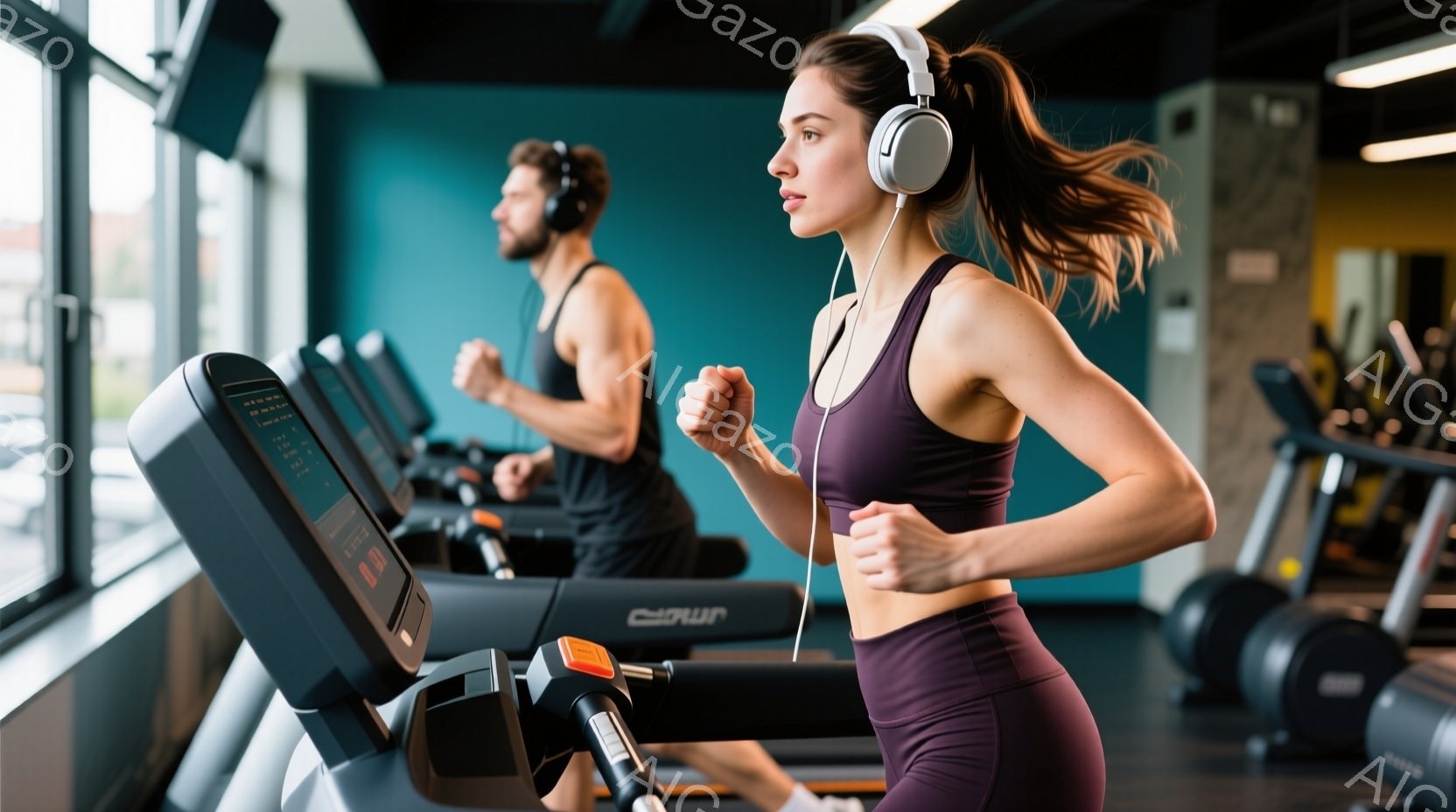 ジムでトレッドミルで走っている女性と男性が写っています。女性は紫色のスポーツブラとレギンス姿で、髪をポニーテールにしています。背景には他のトレッドミルやジムの設備が見え、活気のあるトレーニングの雰囲気 - AI生成フリー素材