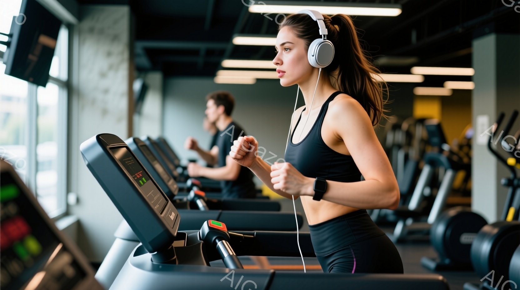 女性はジムのトレッドミルでランニングしており、黒のスポーツブラとレギンスを着用し、髪は後ろでポニーテールに結ばれています。彼女はヘッドホンを着用し、集中した表情で前を見つめています。背景には他のトレッ - AI生成フリー素材