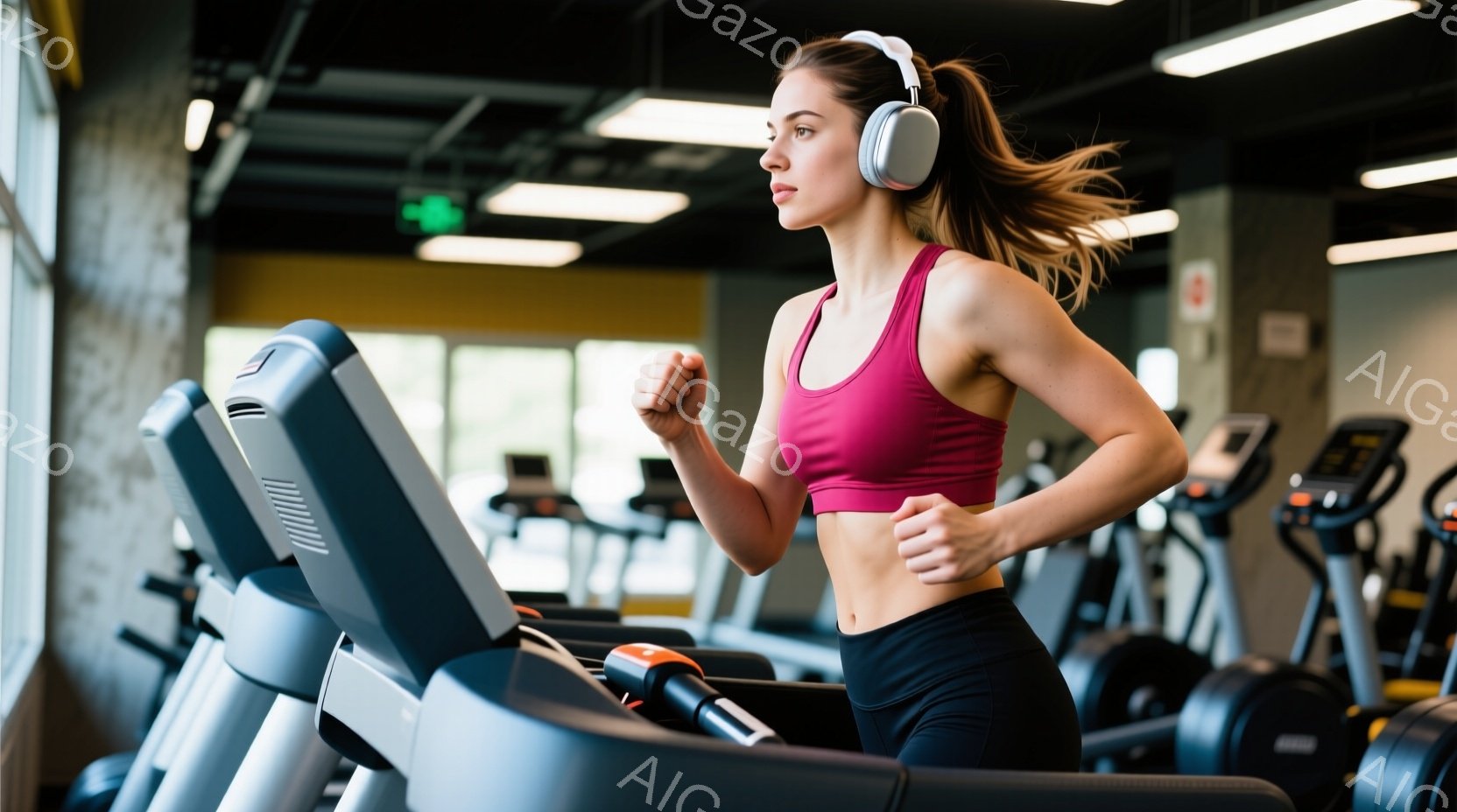 筋トレジムでトレッドミルで走っている女性が写っています。彼女はピンクのスポーツブラと黒いレギンスを着用し、髪はポニーテールに結ばれています。彼女は真剣な表情で走っており、集中した雰囲気が伝わってきます - AI生成フリー素材