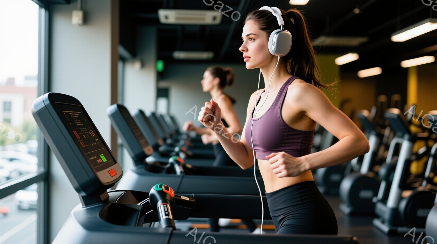 女性はジムのトレッドミルで走っています。彼女は紫色のスポーツブラと黒いレギンスを着ており、髪は高いポニーテールに結ばれています。窓の外には建物が見え、ジム内は明るく、活気に満ちた雰囲気です。 - AI生成フリー素材