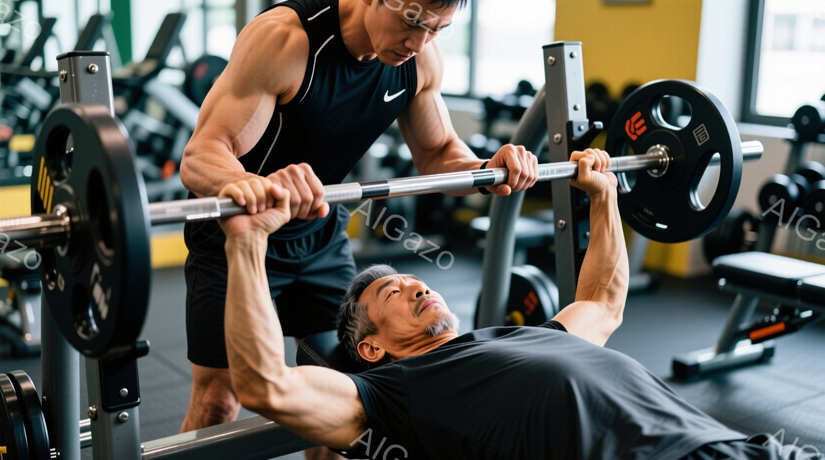 筋力トレーニングジムで、若い男性トレーナーが年配の男性のベンチプレスのフォームをサポートしている様子が写っている。トレーナーは黒のタンクトップと短パンを着用し、鍛え上げられた肉体を誇示している。年配の男性は黒いTシャツを着てベンチに仰向けになり、懸命にバーベルを持ち上げようとしている様子から、トレーニングに集中している雰囲気が伝わる。