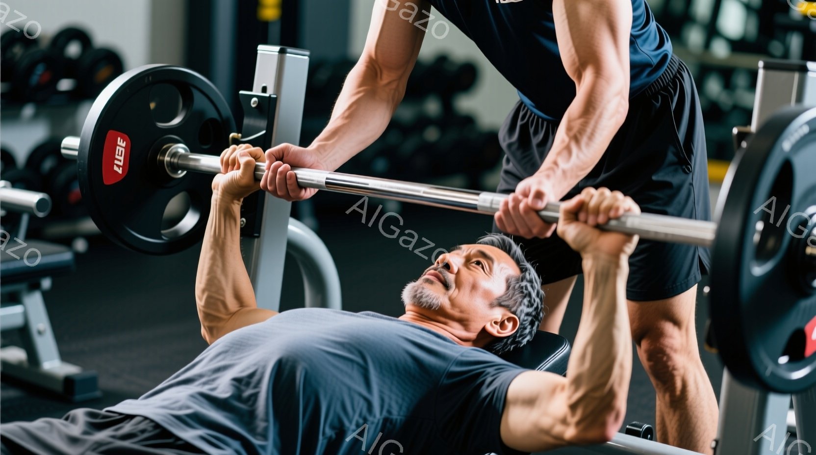 筋力トレーニング中の男性が二人写っている。片方の男性はベンチに仰向けになり、バーベルを握ってベンチプレスを行っており、集中した表情をしている。もう一人の男性は立ってバーベルを支え、補助をしている様子で、二人ともトレーニングウェアを着用し、鍛え上げられた肉体を露わにしている。