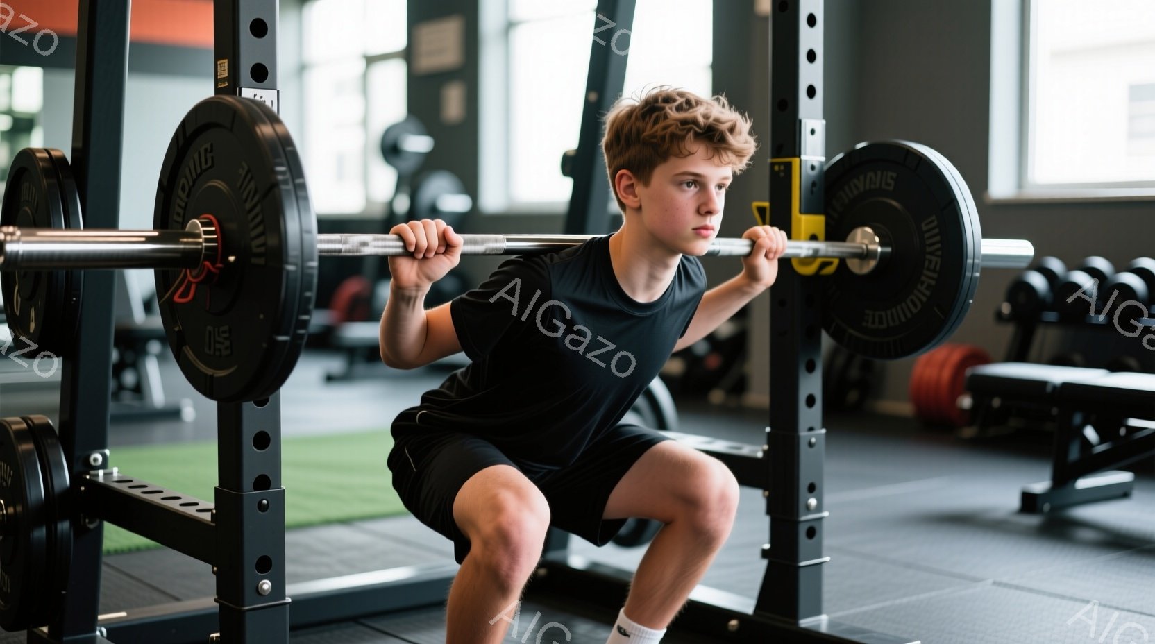 若い男性がスクワットをしている写真です。黒のTシャツと黒の短パンに白い靴下を履き、少し苦悶の表情を浮かべています。背景には、ウェイトリフティング用のラックや他のトレーニング器具があり、ジムの室内でトレ - AI生成フリー素材