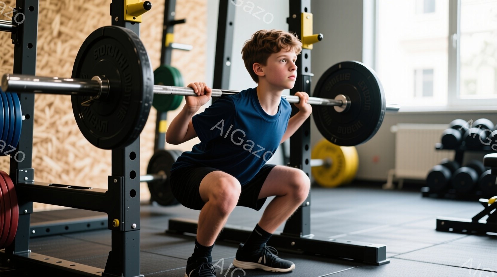 若い少年がスクワットをしている様子が写っている。彼は濃い青色のTシャツと黒のショートパンツ、そして黒の運動靴を履いており、少しカールした赤毛が特徴的だ。ジムの背景には、ウェイトトレーニング機器が整然と並び、集中した雰囲気の中でトレーニングに励んでいる様子が伺える。