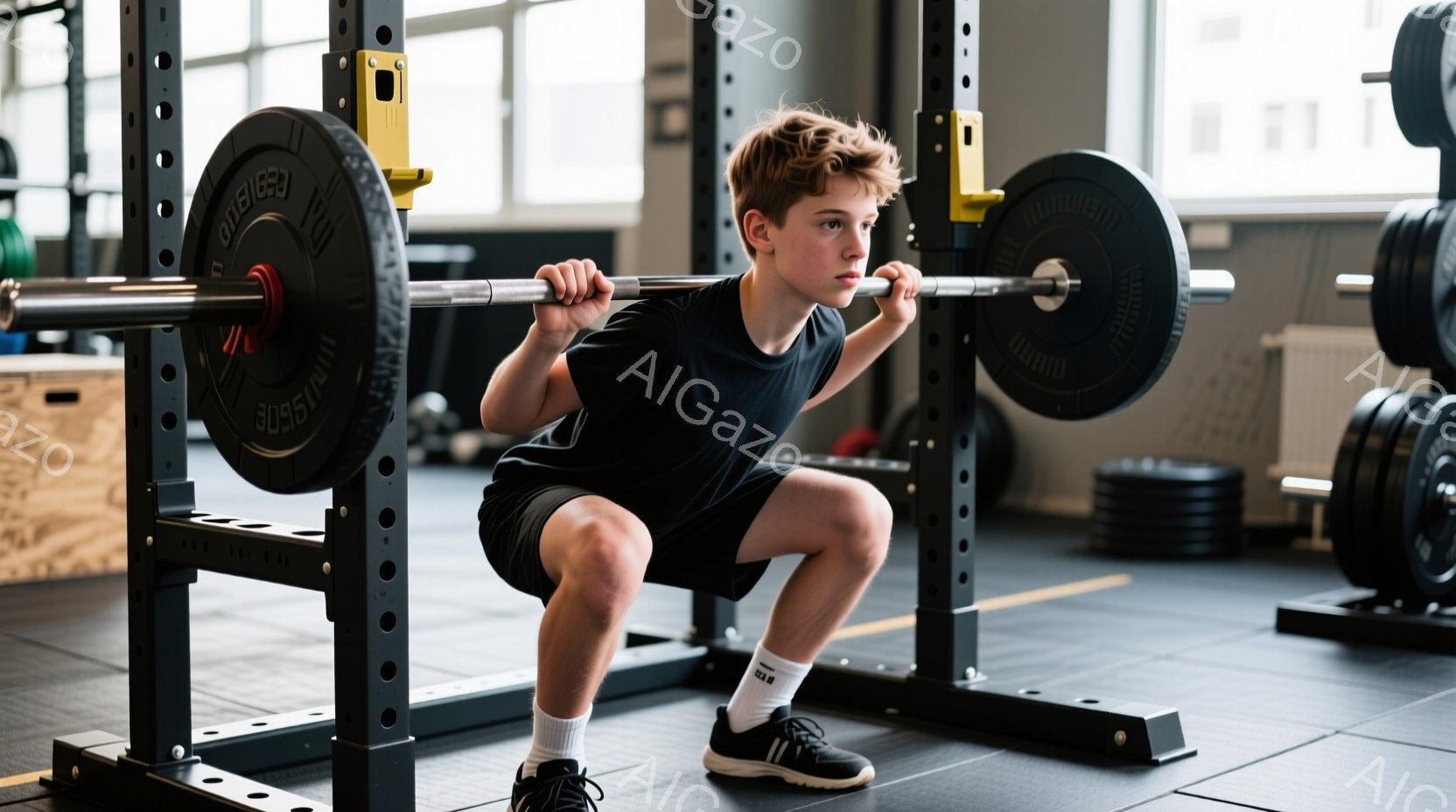 若い男性がスクワットをしている写真です。黒いTシャツと短い黒いパンツ、白い靴下と運動靴を着用し、集中した表情でバーベルを担っています。背景にはジムの設備が見え、集中してトレーニングに取り組む雰囲気です。