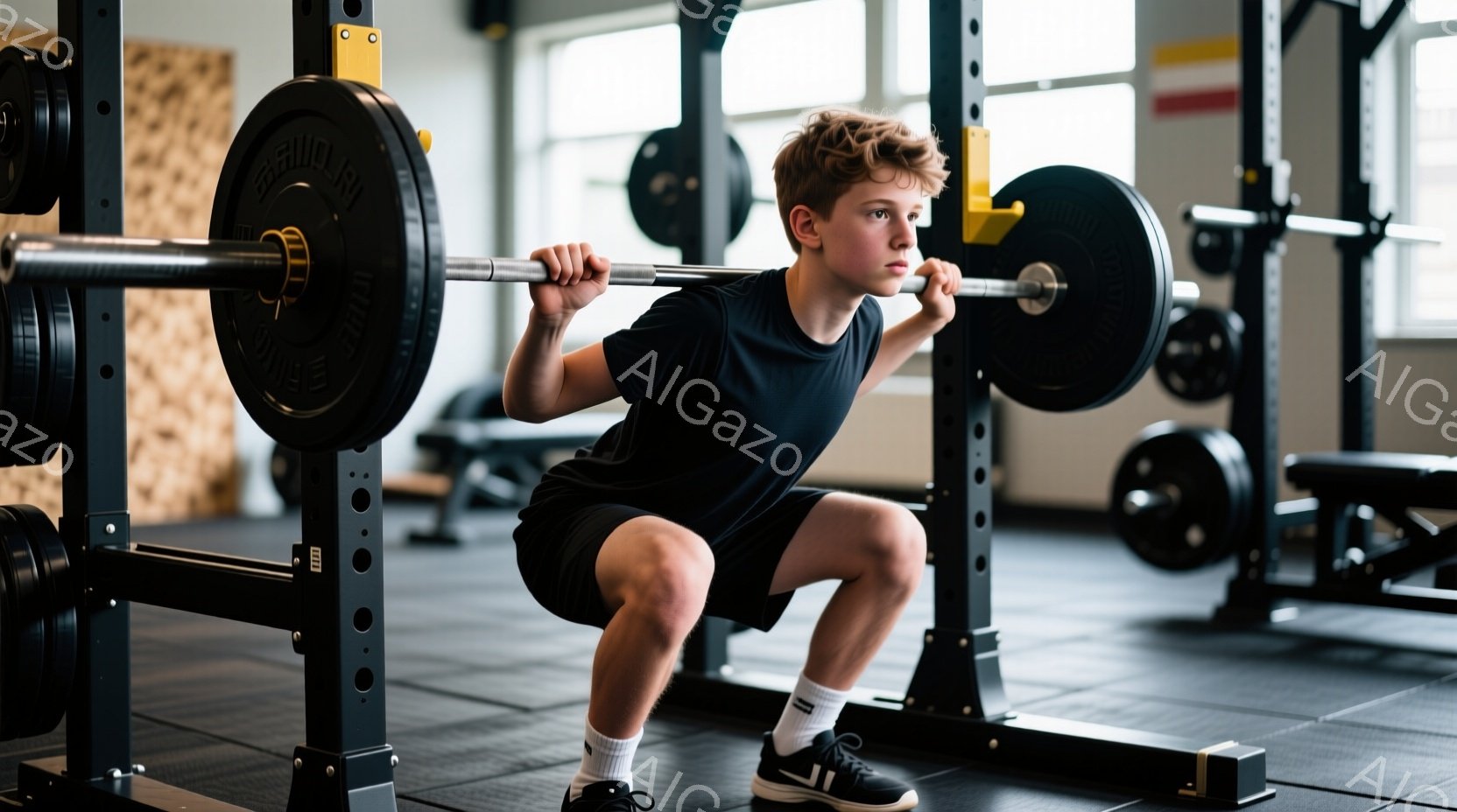 若い男性がスクワットをしている画像です。黒いTシャツと黒いショーツ、白い靴下と黒いスニーカーを身に着け、髪は短くブロンドで、集中した表情をしています。背景にはジムの設備が見え、黒いゴム製の床が敷かれ、 - AI生成フリー素材