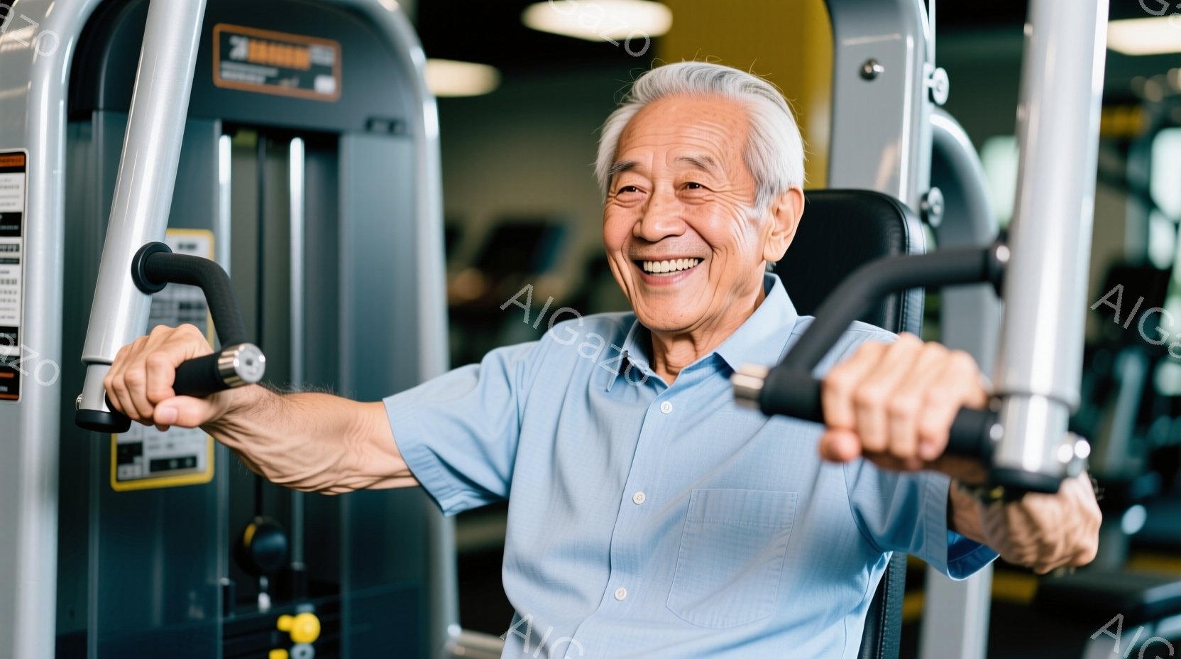 白髪で少し曲がったショートヘアの高齢男性が、ジムのトレーニングマシンを使って運動をしている。彼は水色のシャツを着ており、満面の笑みを浮かべている。背景にはジムの機器が見え、明るく活気のある雰囲気が感じ - AI生成フリー素材