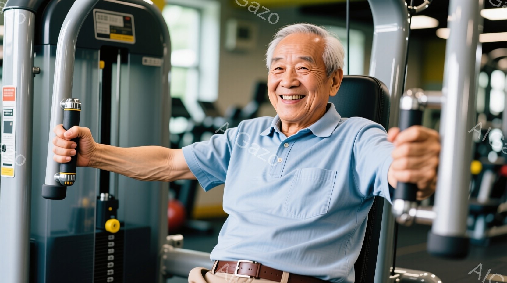 老人は健身房でウエイトリフティングをする。彼は白髪、細いマスクルがあり、笑顔で挨投機のハンドルを持っています。背景にはエイジリフティング機と健身房内の他の設備が見られる。