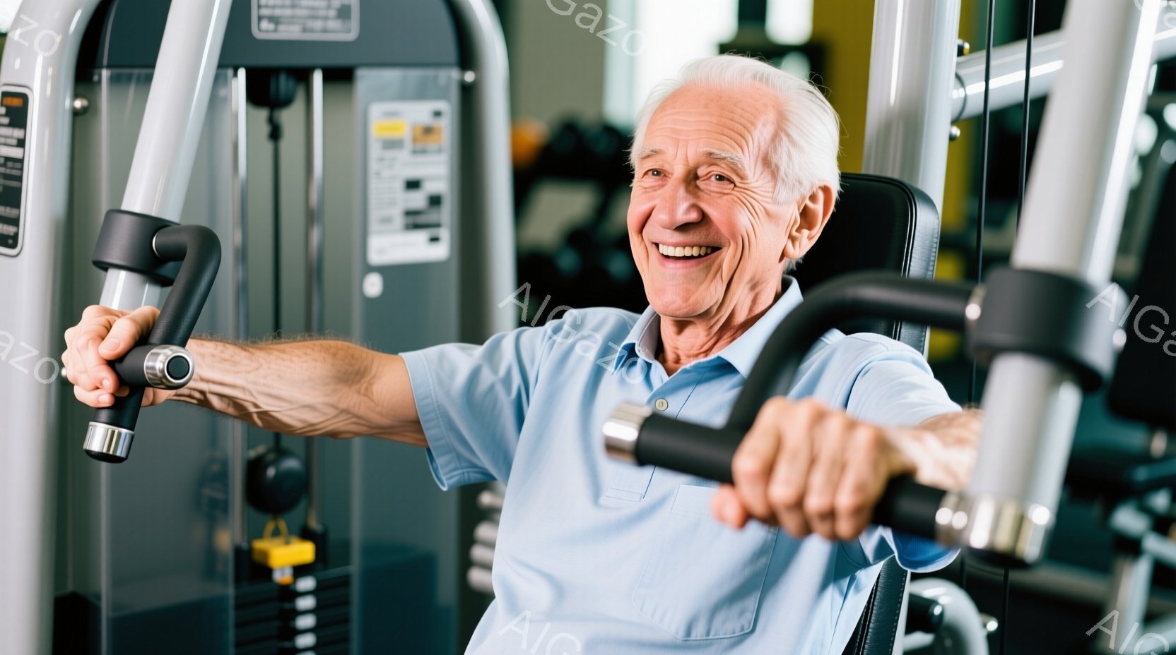 白髪で笑顔の高齢男性が、ジムのトレーニングマシンを使用している様子が写っている。彼は薄い水色のポロシャツを着ており、鍛えられた腕をマシンにセットし、トレーニングに集中している。背景には他のトレーニング - AI生成フリー素材