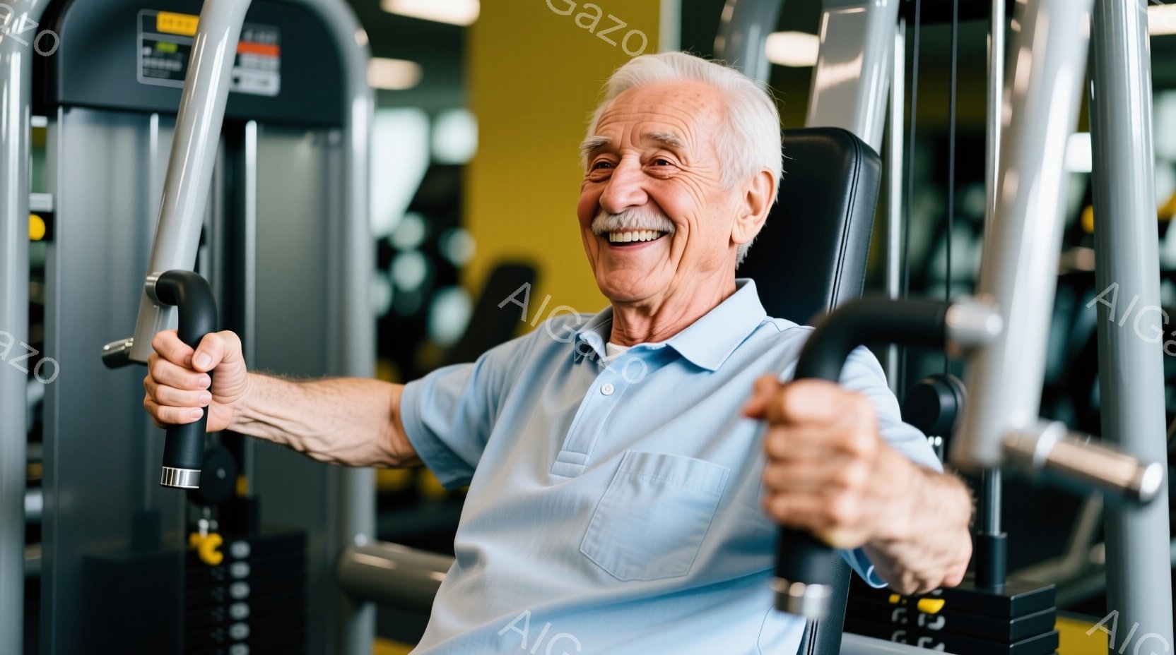 白髪で笑顔の高齢男性が、ジムのトレーニングマシンに座り、両手でハンドルを握って運動しています。彼は水色のポロシャツを着ており、健康的なライフスタイルを象徴するような、活力に満ちた表情をしています。背景には他のジムの器具が見え、明るく清潔な雰囲気の室内トレーニングスペースであることが分かります。