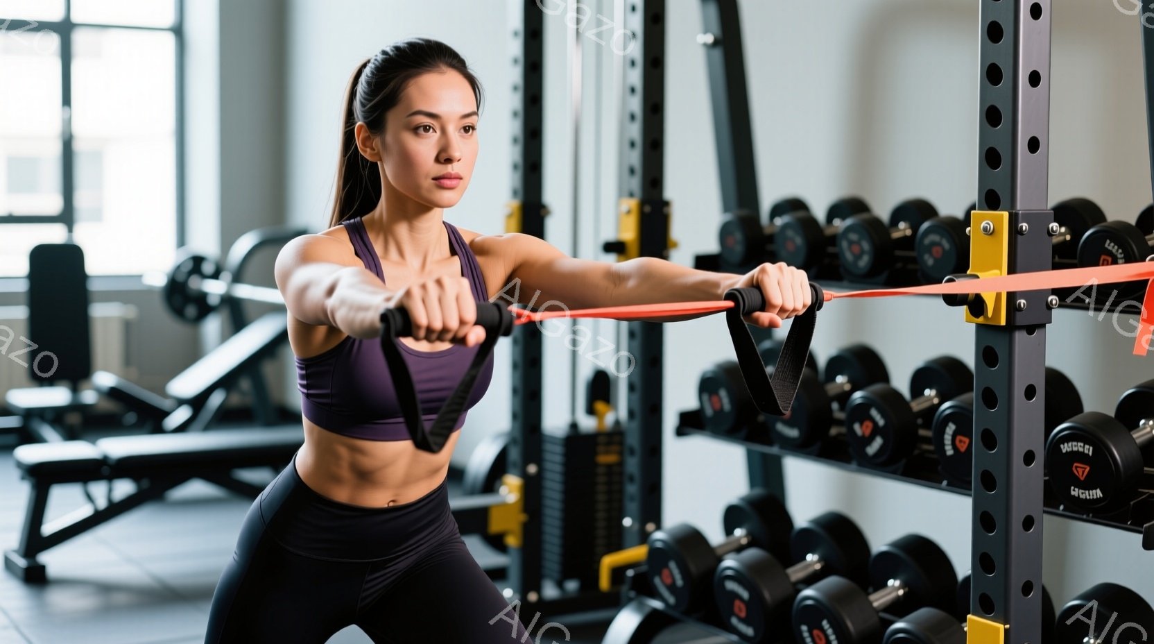 筋力トレーニング中の女性が写っています。紫色のスポーツブラと黒のレギンスを着用し、高いポニーテールにしています。彼女は両手に赤いトレーニングバンドを持ち、肩を伸ばした姿勢で、集中した表情をしています。