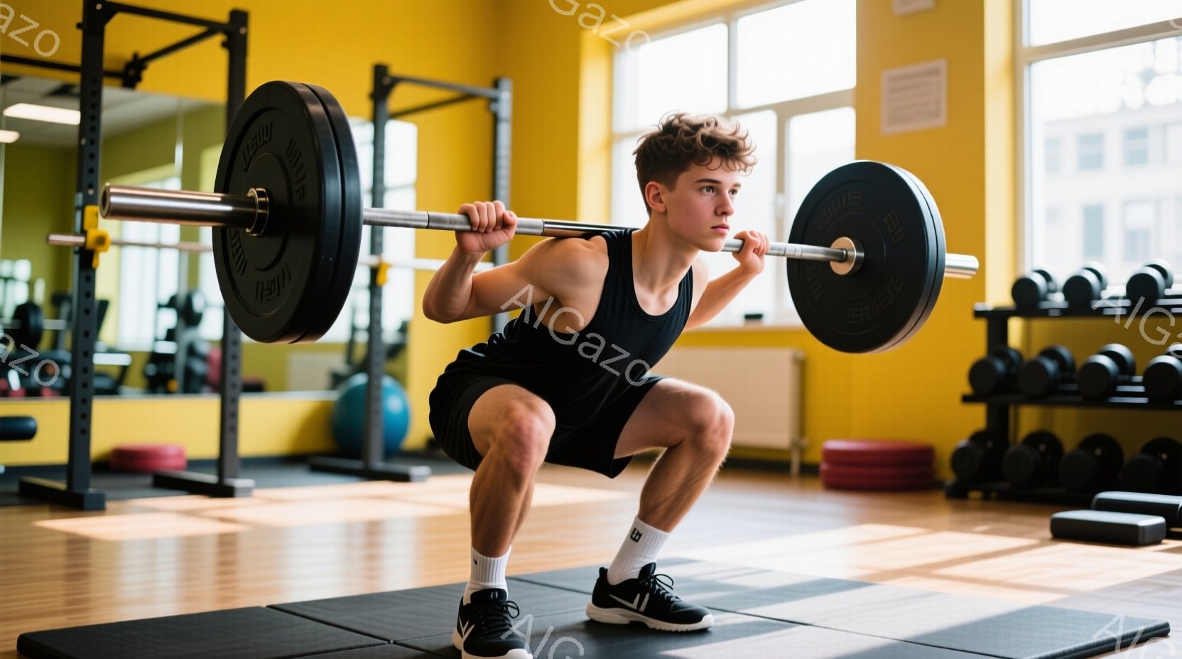 若い男性がスクワットをしている写真です。黒のタンクトップと短い黒いショーツ、白い靴下と黒いトレーニングシューズを着用し、ウェイトバーを肩に担いでいます。背景にはジムの機器が並び、明るい黄色の壁と床が広がっており、活気のあるトレーニングの雰囲気が漂います。