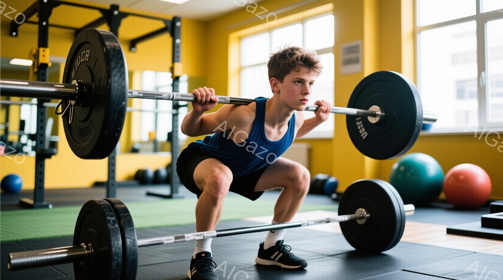 若い男性がスクワットをしている写真です。彼は濃い青色のタンクトップと黒い短パン、白い靴下と黒いスニーカーを着用し、少し緊張した表情でバーベルを肩に担いでいます。背景にはジムの設備や様々なエクササイズボールが見え、明るい黄色と黒を基調とした室内で、運動に集中している雰囲気が伝わってきます。