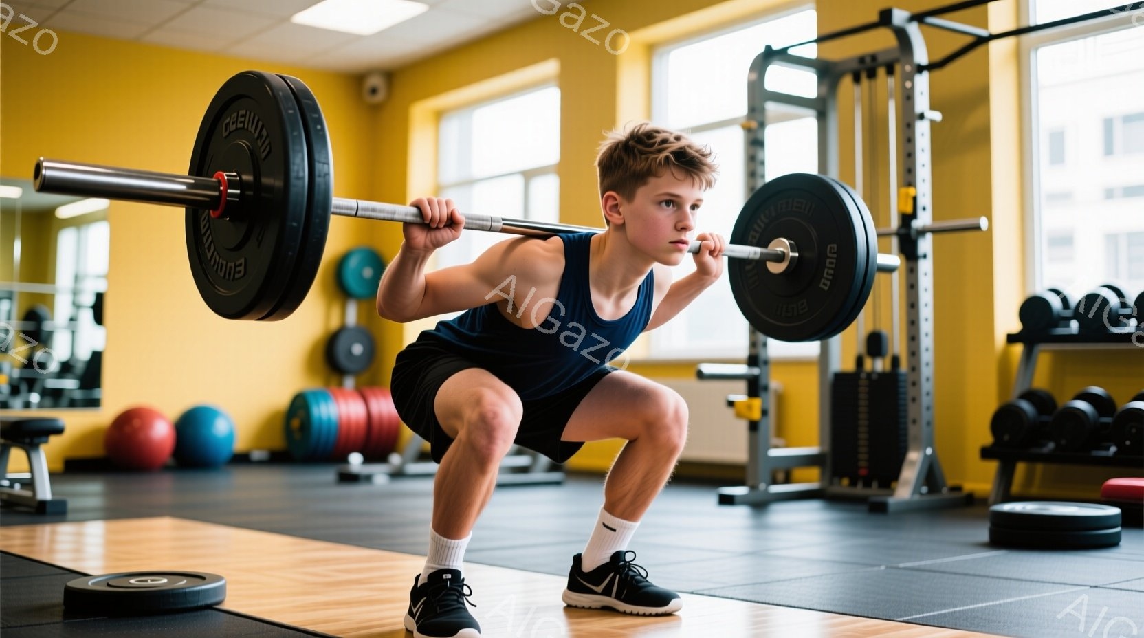 若い男性がジムでスクワットをしている様子が写っている。彼は黒いタンクトップと黒い短パン、白い靴下と黒いスニーカーを着用し、少し緊張した表情をしている。背景には、他のジムの器具やダンベル、そして薄い黄色の壁が見え、活気のあるトレーニングの雰囲気を感じさせる。