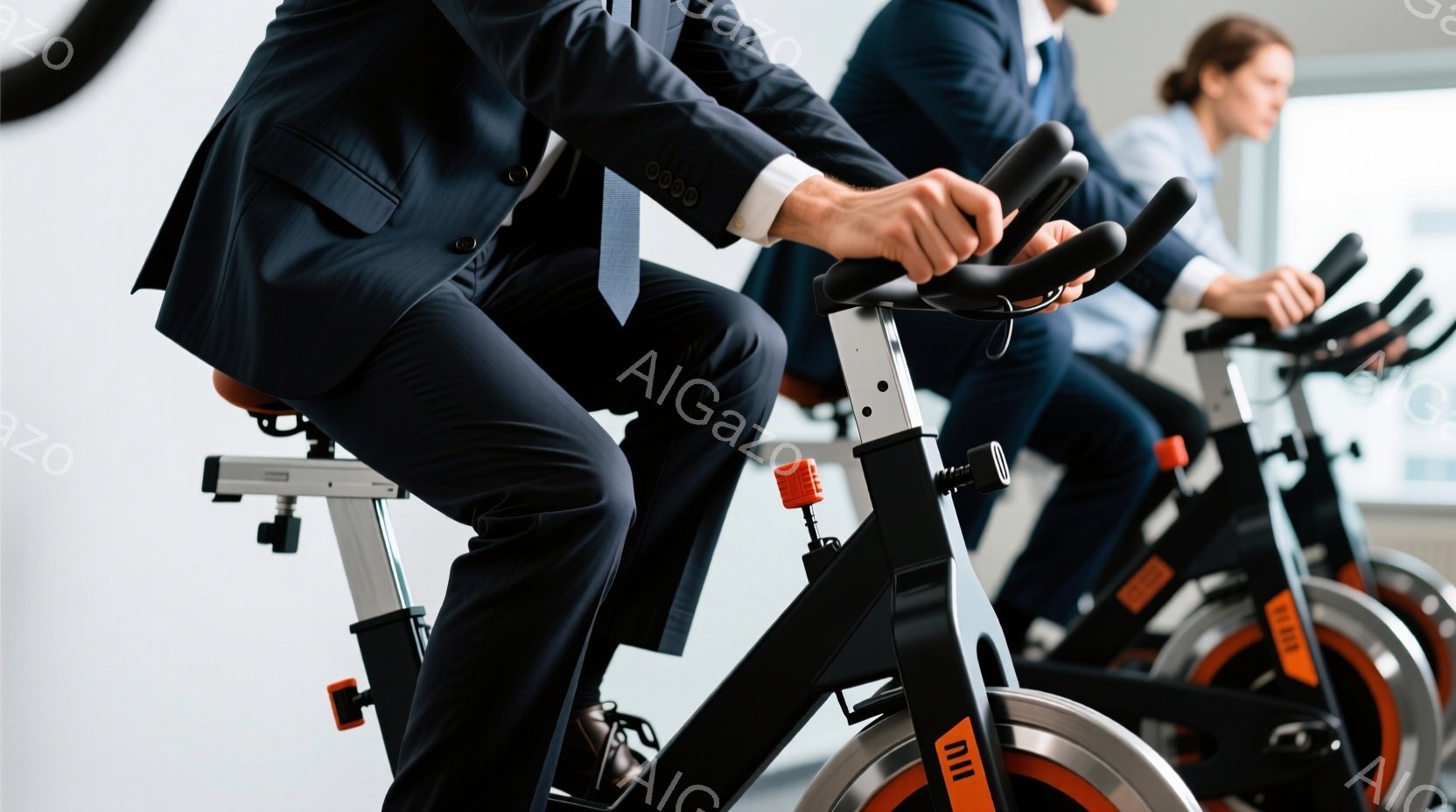 ビジネススーツを着た人々が、フィットネスバイクに乗って運動している様子が写っている。彼らは皆、真剣な表情でペダルを漕いでおり、室内は白を基調とした明るい空間である。背景には他のバイクが見え、運動に集中した活気ある雰囲気が漂っている。