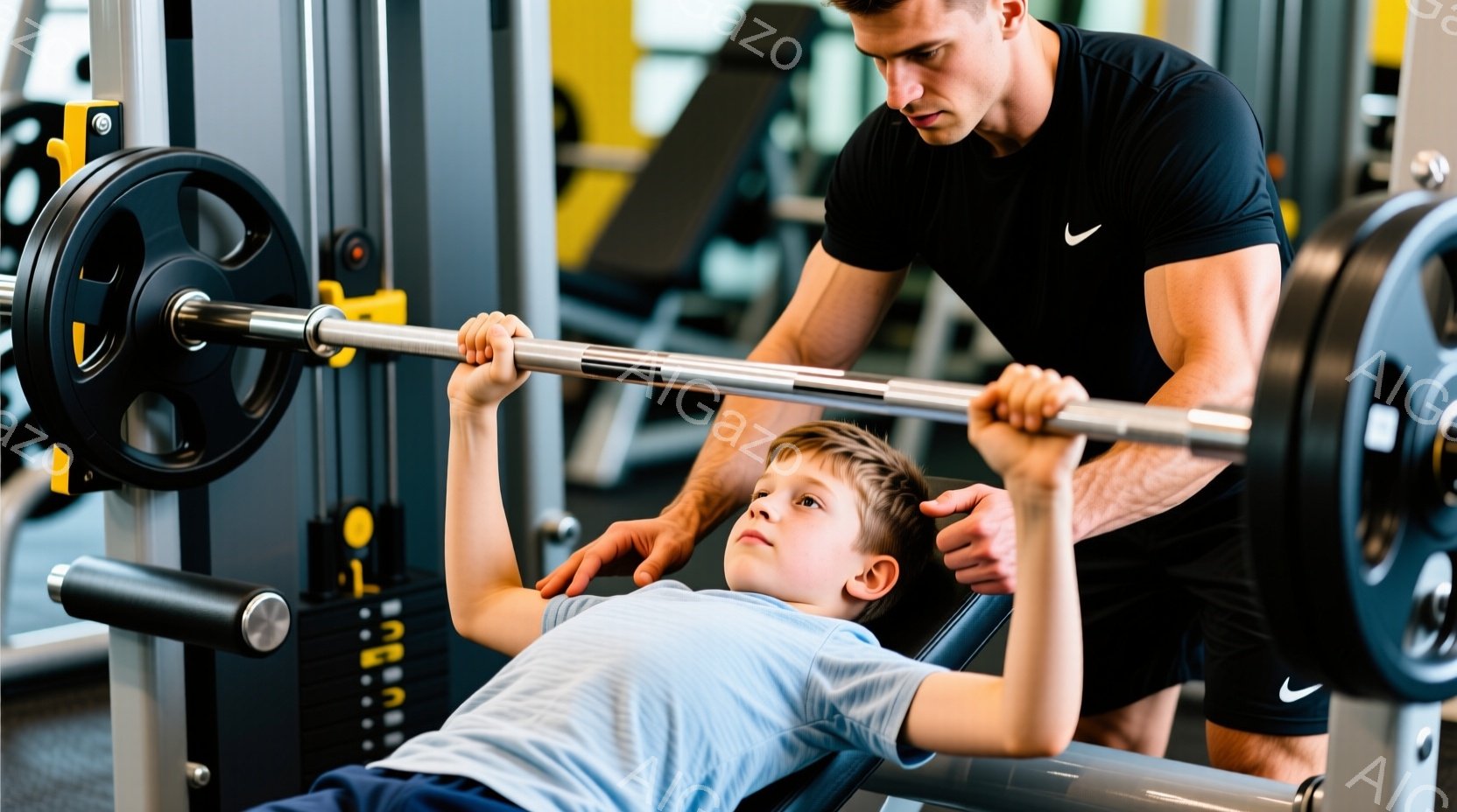 若い男性が、少年がベンチプレスを行うのを手伝っている様子が写っています。少年は水色のTシャツを着て仰向けになり、男性は少年の胸のあたりに手を添えてフォームをサポートしています。背景には筋トレ器具が並び、ジムの室内であることが分かります。