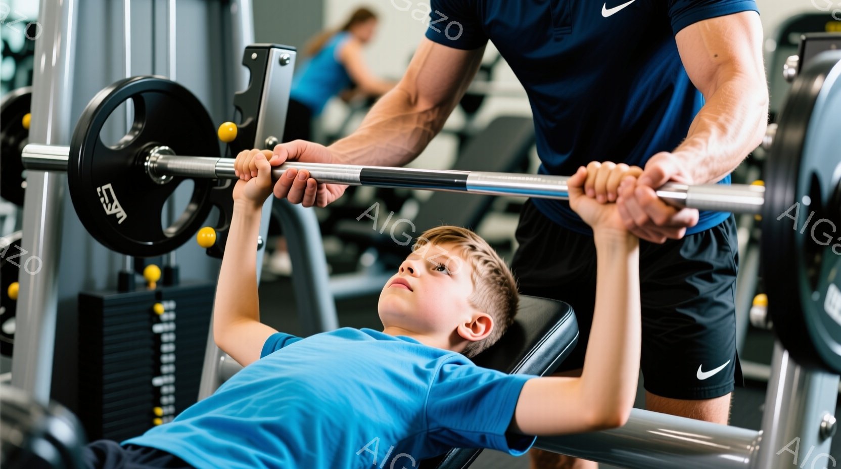少年がベンチに仰向けになり、バーベルを持ち上げようとしています。青いTシャツを着ており、髪は短く整えられています。背景にはジムの機器が見え、全体的に運動と健康を促進する活気のある雰囲気です。