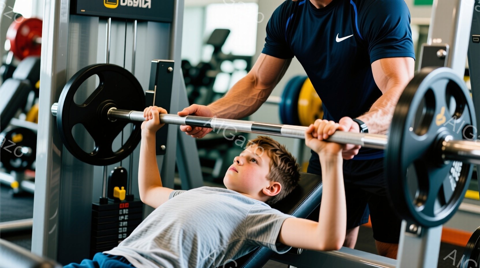 若い少年がベンチプレスをしている様子が写っている。少年は灰色のTシャツを着て、髪は短くカットされており、集中した表情でバーベルを見上げている。背景にはジムの機器が並び、明るく整然とした空間が広がってい - AI生成フリー素材