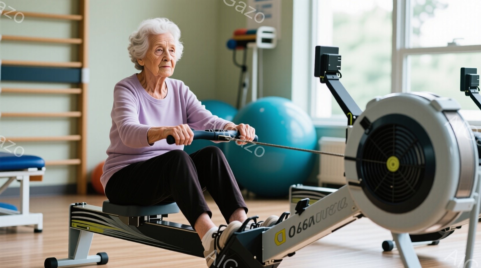 白髪の老婦人が、フィットネスジムでローイングマシンを使って運動している。彼女は薄紫色の長袖シャツと黒いズボンを身に着け、集中した表情でマシンを漕いでいる。背景には青い体操用マットやフィットネスボールが見え、明るい室内で健康的な雰囲気を感じさせる。