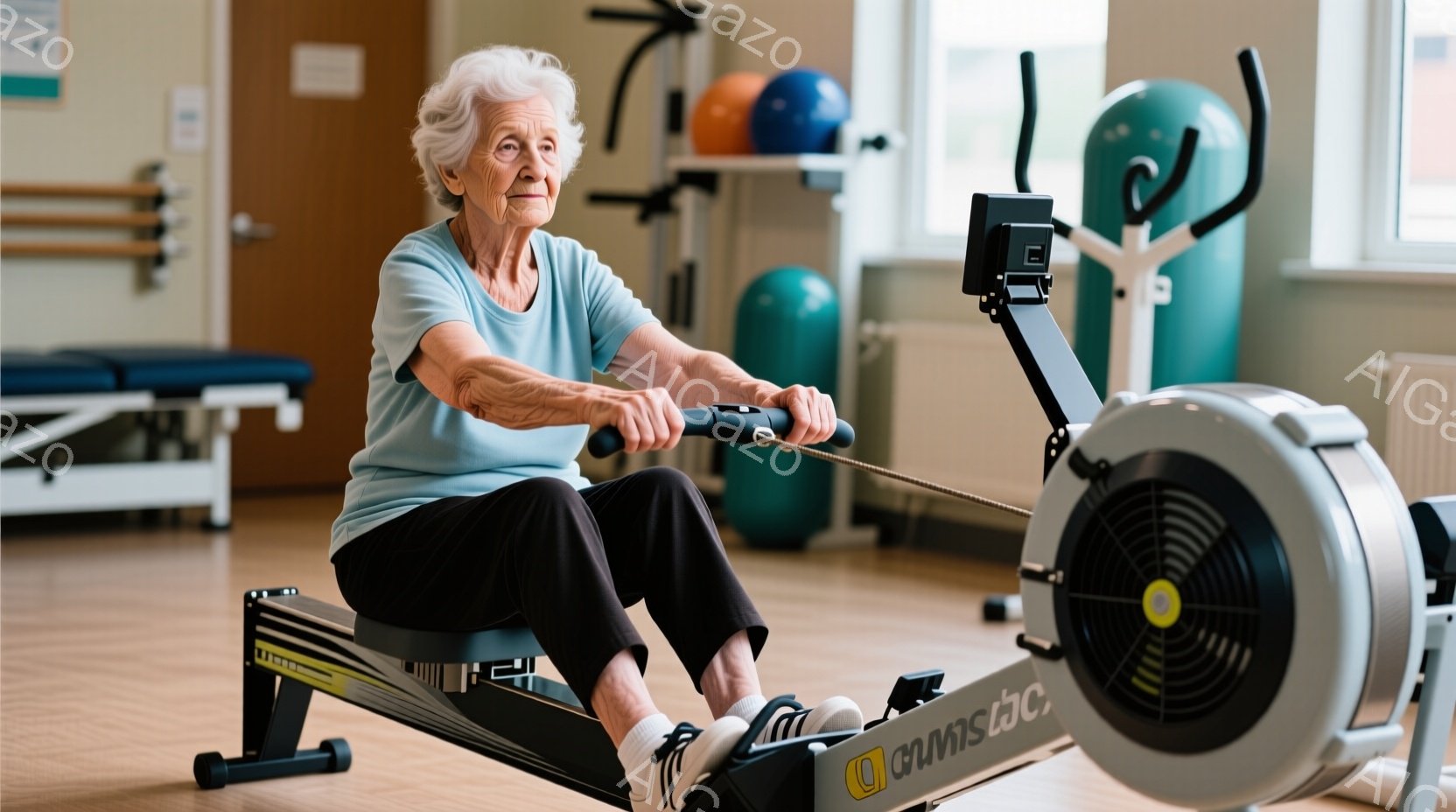 白髪の高齢女性が、室内トレーニングジムでローイングマシンを使用している様子が写っている。彼女は青いTシャツと黒いショーツ、白いスニーカーを着用し、集中した表情でマシンを漕いでいる。背景には、様々なフィ - AI生成フリー素材