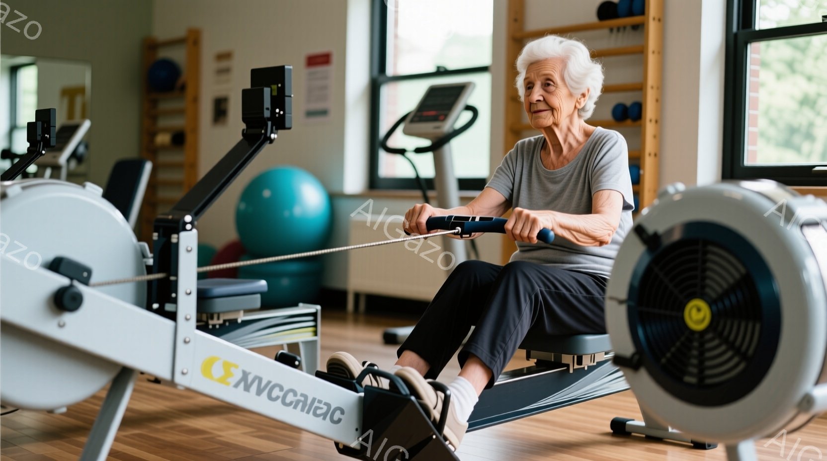 白髪の女性が、屋内トレーニングジムでローイングマシンを使用しています。グレーのTシャツと薄いピンクのショーツ、スニーカーを着用し、集中した表情でマシンを漕いでいます。背景には他のトレーニング器具や窓が見え、明るく健康的な雰囲気が漂っています。