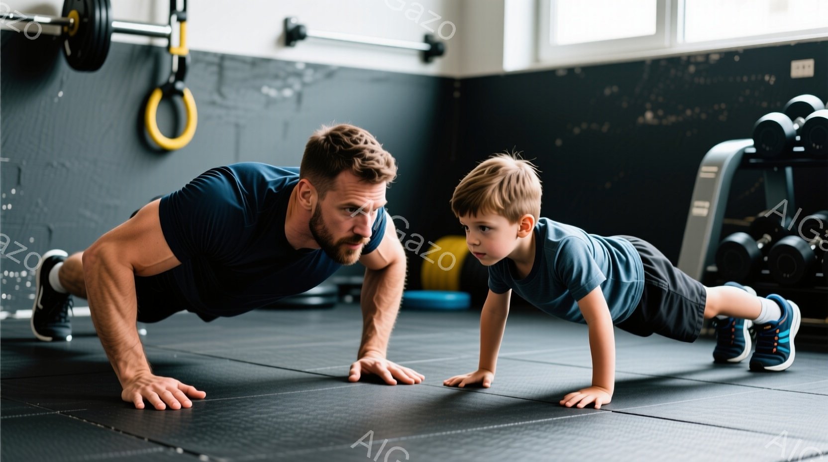 筋力トレーニングをしている父と息子が写っています。父は濃い眉と髭を持ち、青いTシャツを着ており、息子は同じように青いTシャツと短パンを着ています。彼らは黒いゴム製の床の上で腕立て伏せをしており、背景にはダンベルや懸垂バーなどのジムの器具が見えます。