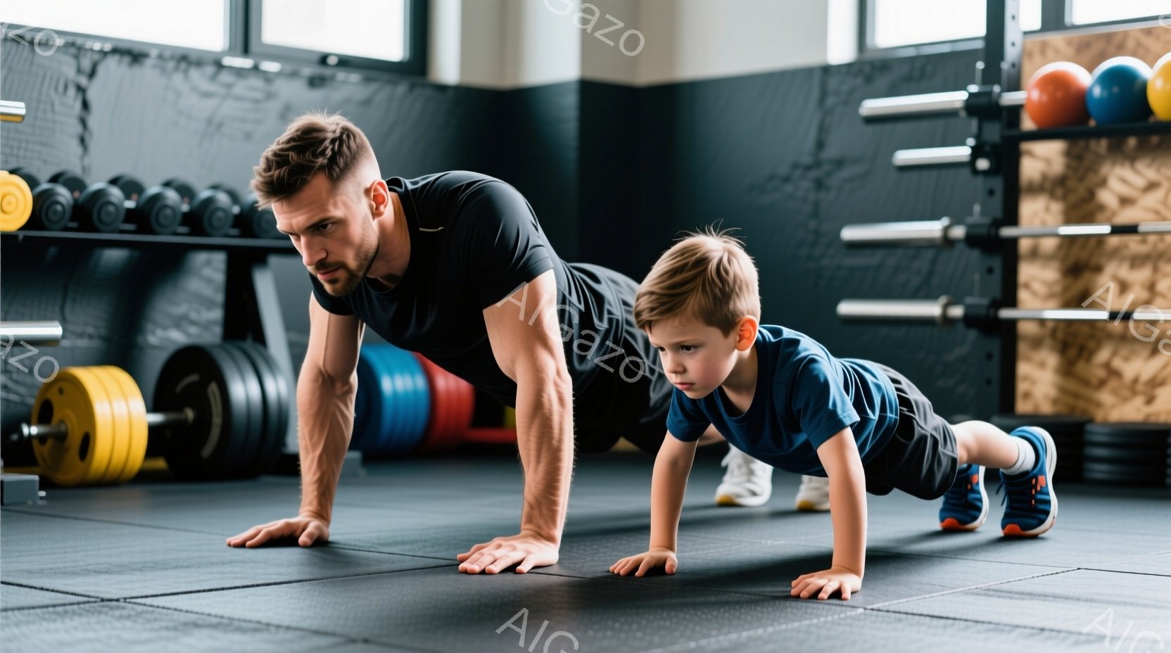 筋トレマットの上で、父親と息子が腕立て伏せをしている。父親は黒いTシャツと黒いショートパンツ姿で、短髪で少し顎髭を生やしている。息子は青いTシャツと黒いズボンを着用し、運動に励んでいる様子で、背景にはダンベルやバーベルが並ぶジムの様子がうかがえる。