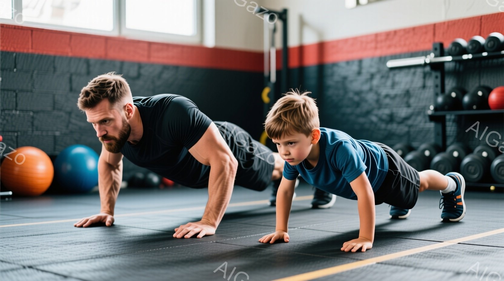 男性と少年がエクササイズをするシーン。男性は髭を生やき、ダウンサウスポート、筋肉の強い体型で、精神的にも力強い姿勢。少年は同じくらいの体型と姿勢で、両者が頑張ってエクササイズをする姿を表しています。 背景にはカラフルなスポーツジムの壁があり、競技用品やトレーニングマットが散らばっています。雰囲気としては、健康的な生活を重視する人々に向けたイメージで、家族の強さや共通の習慣を強調するものと解釈されます。