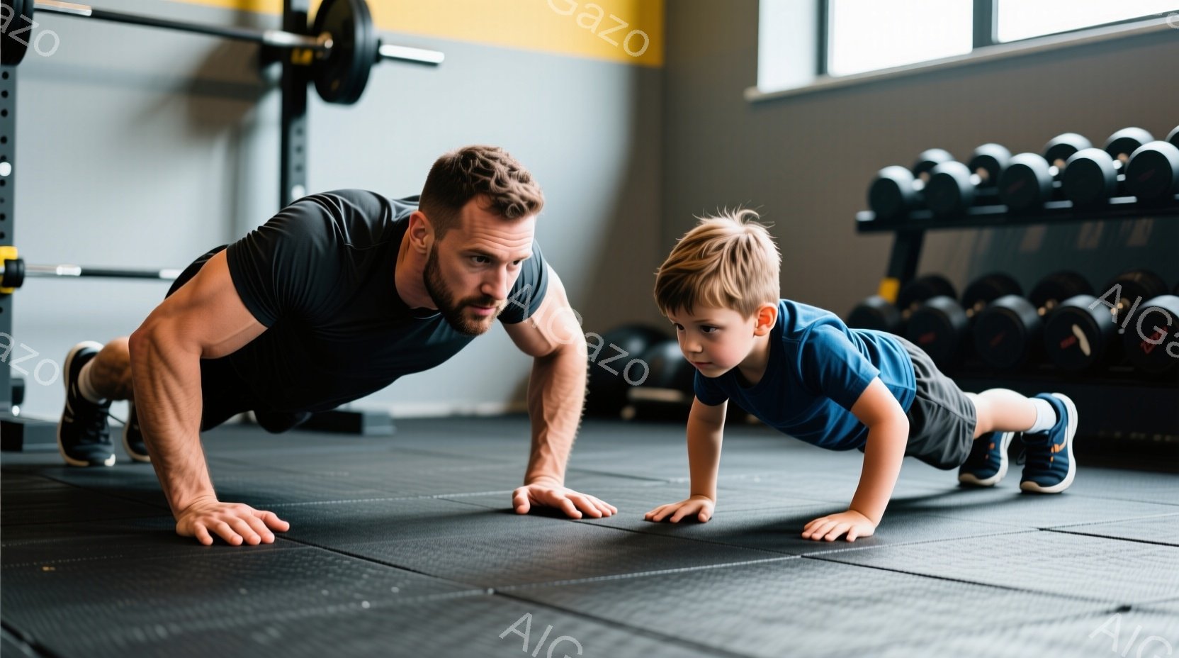筋力トレーニング中の父と息子が写っている。父親は黒いTシャツとショーツ姿で、息子は濃い青いTシャツと灰色のショーツを着用し、二人ともプランクの姿勢をとっている。背景にはダンベルラックが並び、床は黒いゴムマットで覆われており、活気のあるジムの雰囲気である。