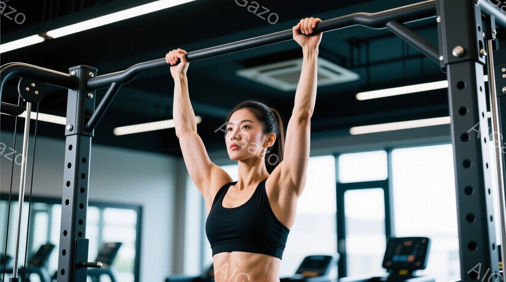 黒いスポーツブラとショーツを着用した女性が、ジムのプルアップバーにぶら下がっている様子が写っている。彼女は髪を高くまとめ、引き締まった体と自信に満ちた表情を見せている。ジム内にはランニングマシンなどの器具が配置され、明るく清潔な雰囲気である。