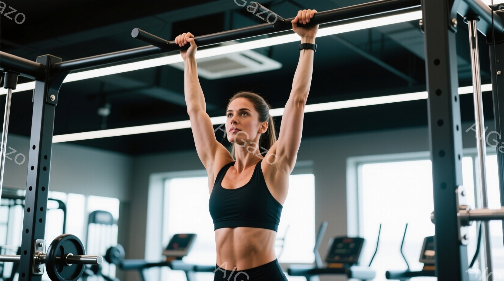 女性はジムで懸垂バーの下でトレーニングしています。彼女は黒いスポーツブラとレギンスを着ており、髪は後ろでポニーテールに結ばれています。集中した表情で、引き締まった体でバーをしっかりと握っています。
