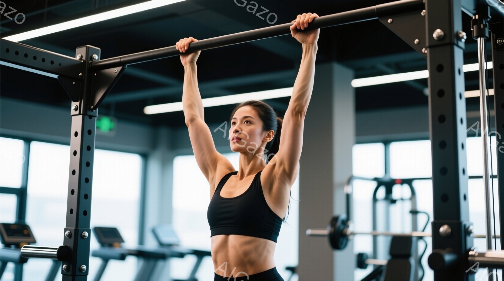 筋力トレーニングジムで、引き締まった腹筋を持つ女性が懸垂バーにぶら下がっています。彼女は黒のスポーツブラとレギンスを着用し、髪を高くポニーテールにまとめています。ジム内は明るく、他のトレーニング器具が見え、全体的に健康的な活気のある雰囲気です。