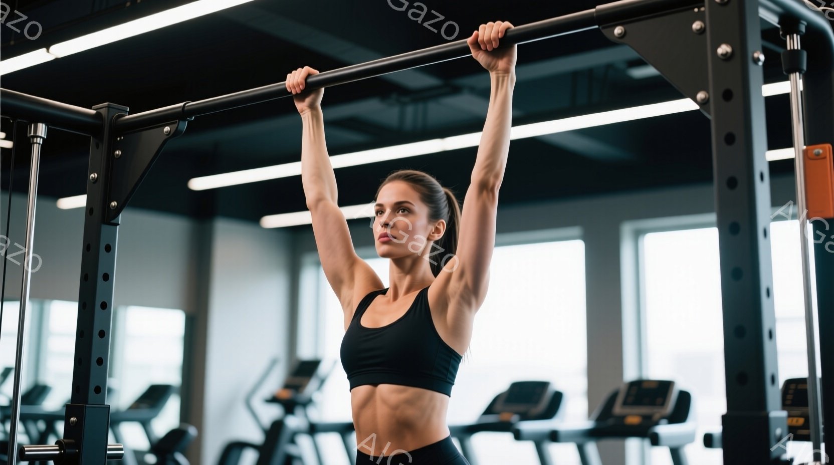 女性はジムで懸垂バーを掴み、鍛えられた腹筋と腕を露わにしています。黒いスポーツブラとレギンスを着用し、髪は高いポニーテールに結ばれ、真剣な表情でトレーニングに集中しています。背景には、トレッドミルなどのジム設備がぼやけ、集中した運動の雰囲気が漂っています。